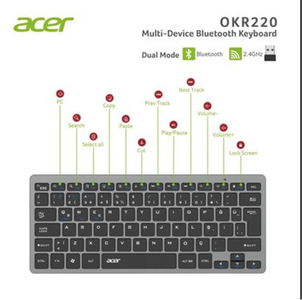 Acer OKR220 Siyah Multi Device Dual Mode 2.4GHZ Bluetooth Klavye