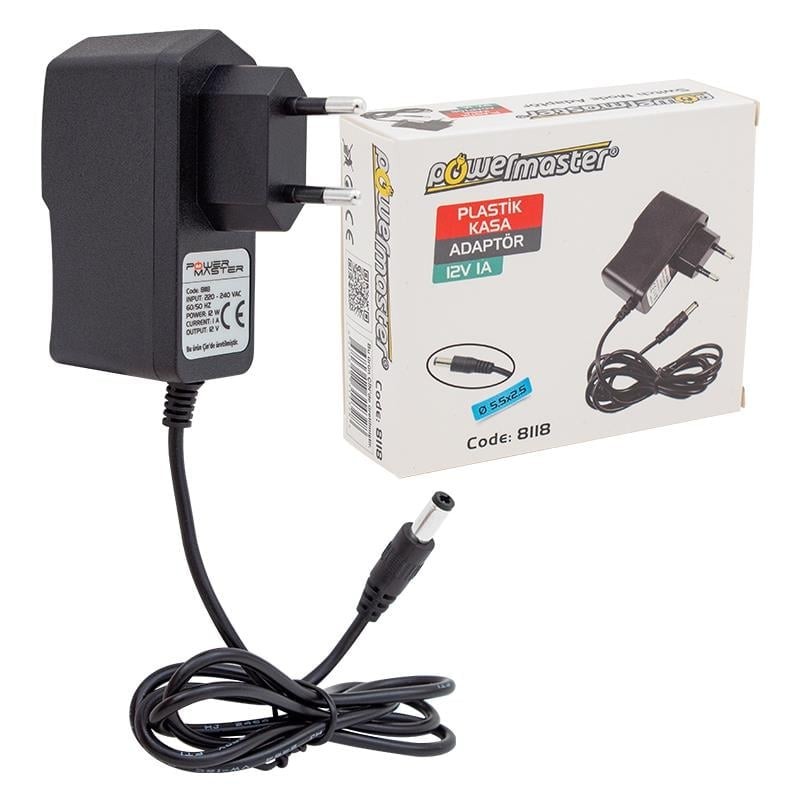 Powermaster PM-8118 12V  1A 5.5x2.5 Uçlu Plastik Kasa Priz Tip Adaptör