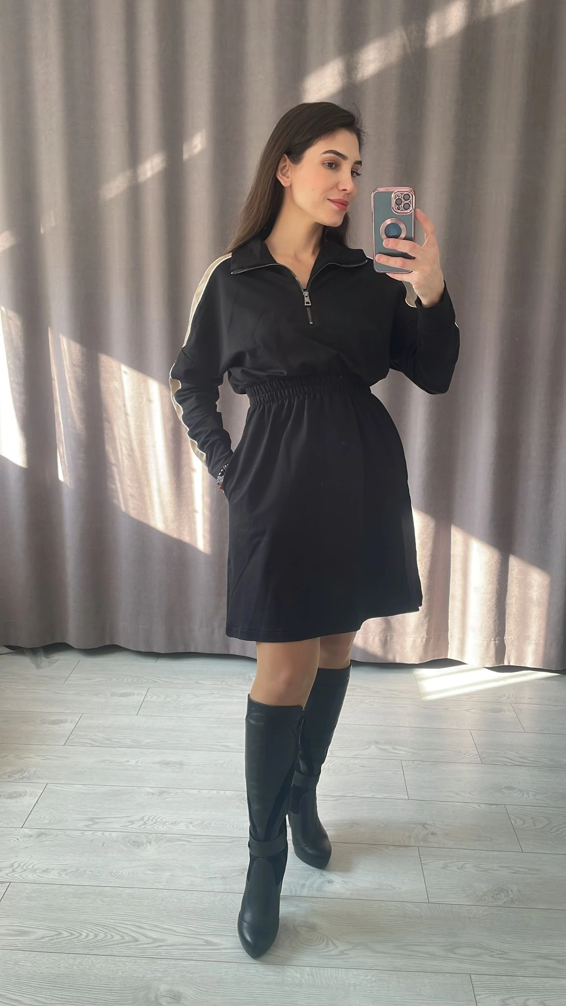 Polo Yaka Deri Detay Mini Elbise