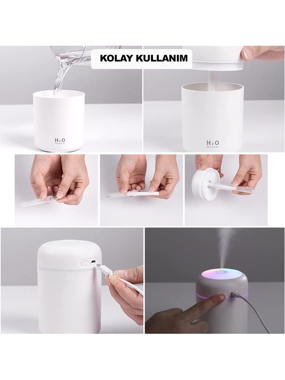300ML Ultrasonik Beyaz LED Işıklı Hava Nemlendirici Ortam Nemlendirici Buharlı Nemlendirici Buhar Makinesi ve Aroma Difuzoru H2O Oda Hava Temizleyici Parfüm Koku