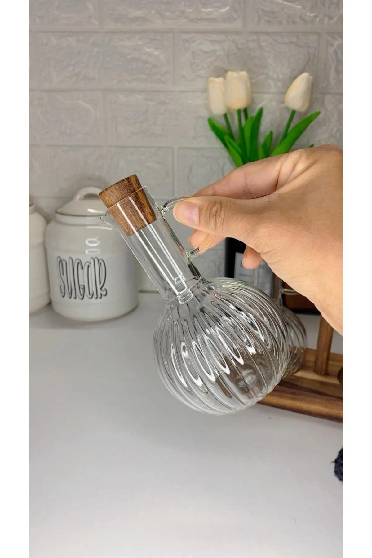 Mantar Tıpa Kapaklı Ahşap Borosilikat 3 Lü Set Cam Yağdanlık Yağlık Seti 300ML Sosluk, Sirkelik, Zeytinyağlık, Mutfak Gereçleri