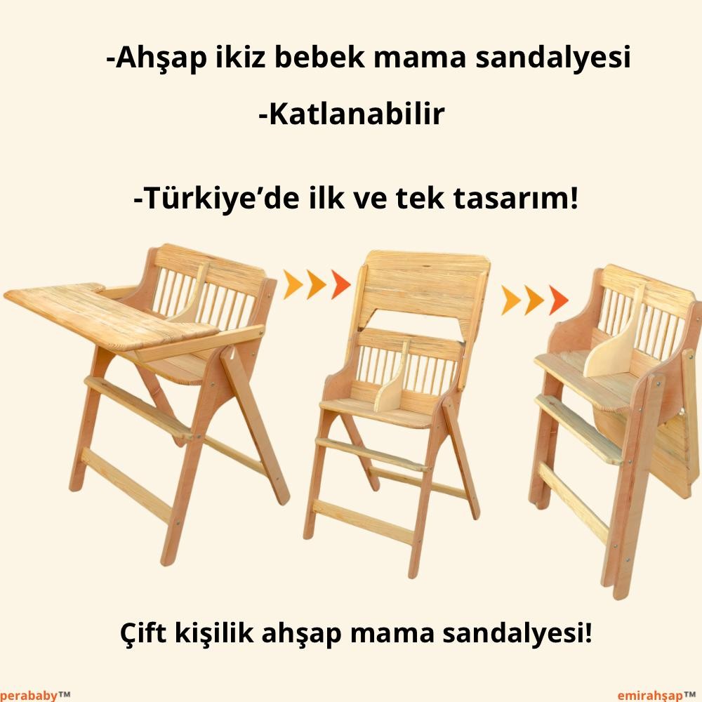 İkiz Bebekler ve Kardeş Bebekler İçin Çift Kişilik Özel Tasarım Mama Sandalyesi (%100 Ahşap)