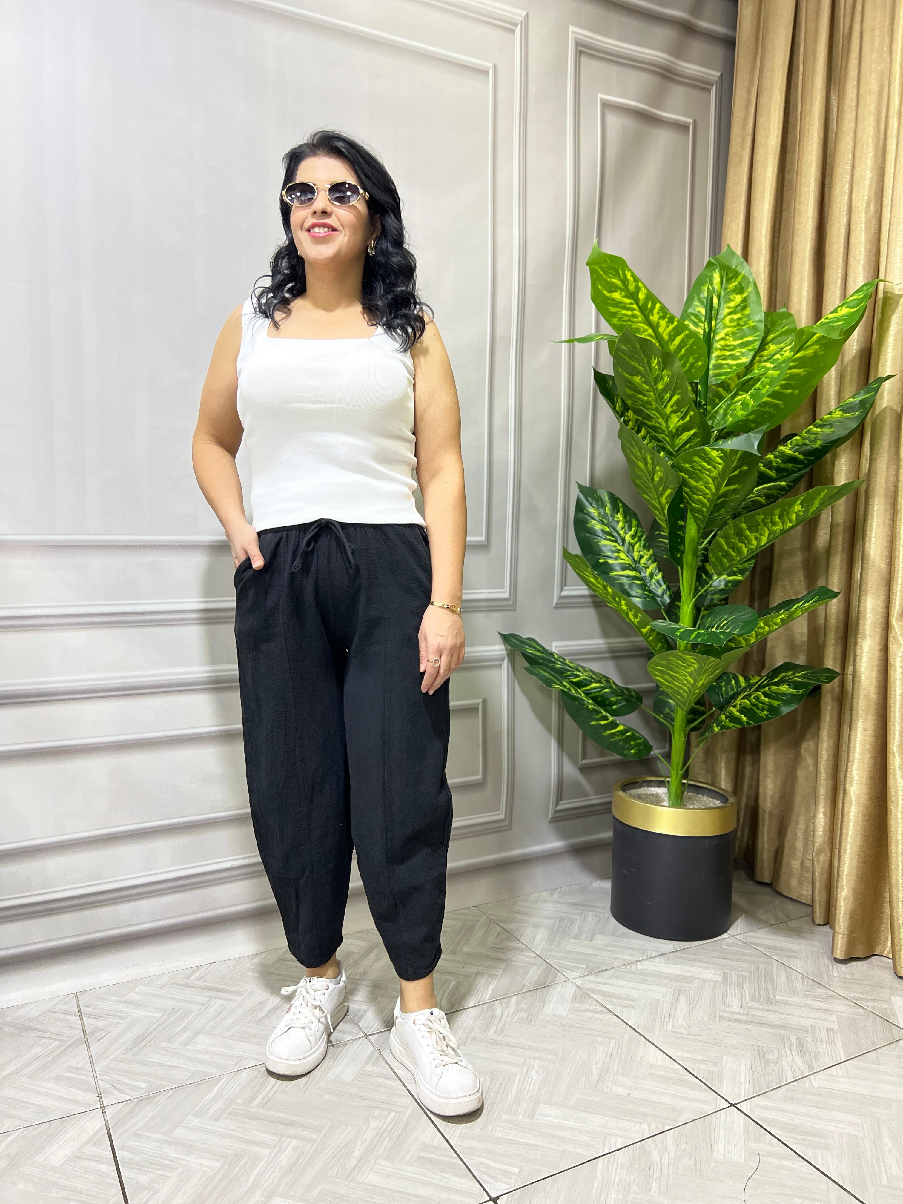 NİLDA HAVUÇ MODEL KETEN PANTOLON - SİYAH