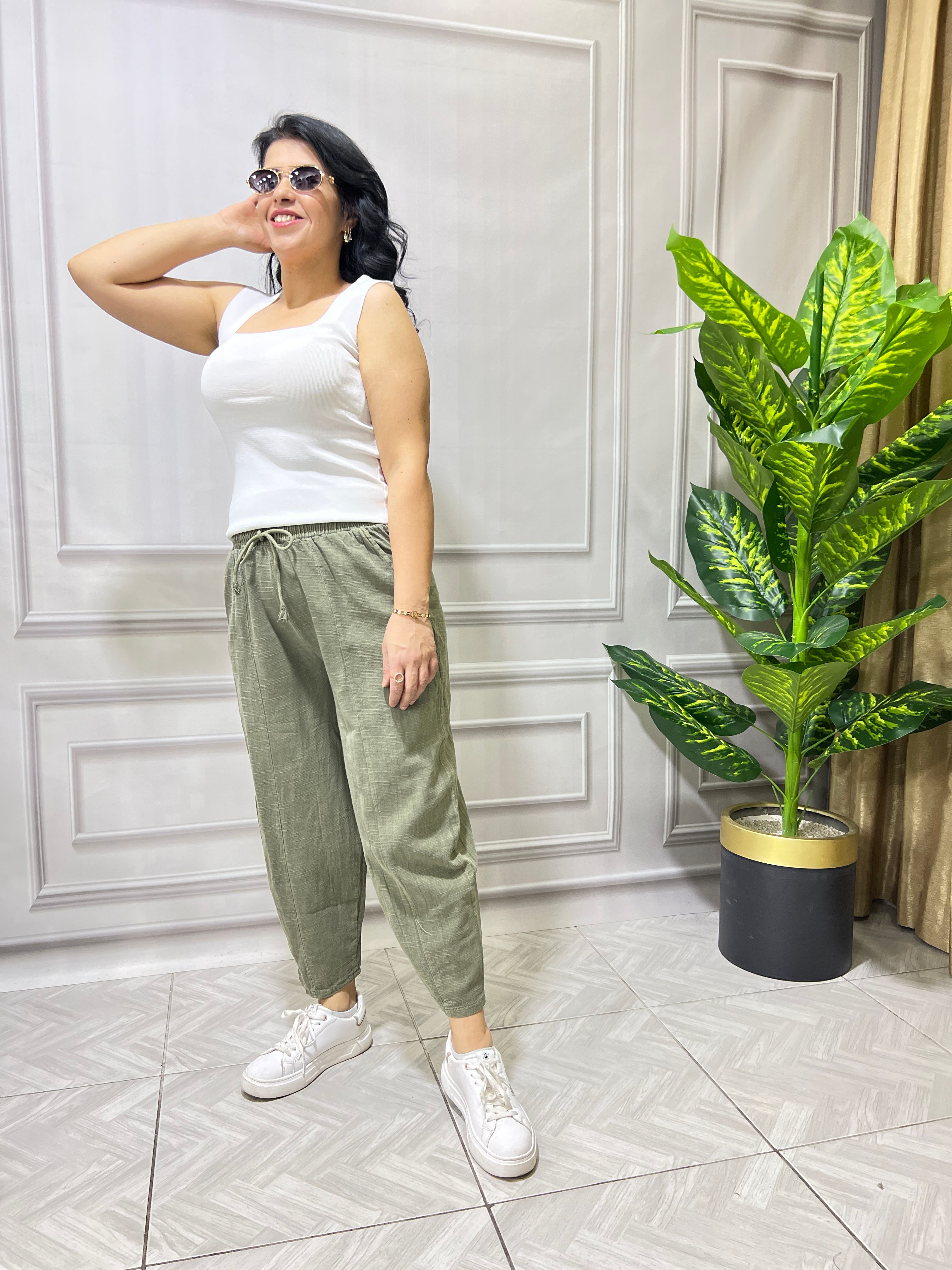 NİLDA HAVUÇ MODEL KETEN PANTOLON - HAKİ YEŞİL