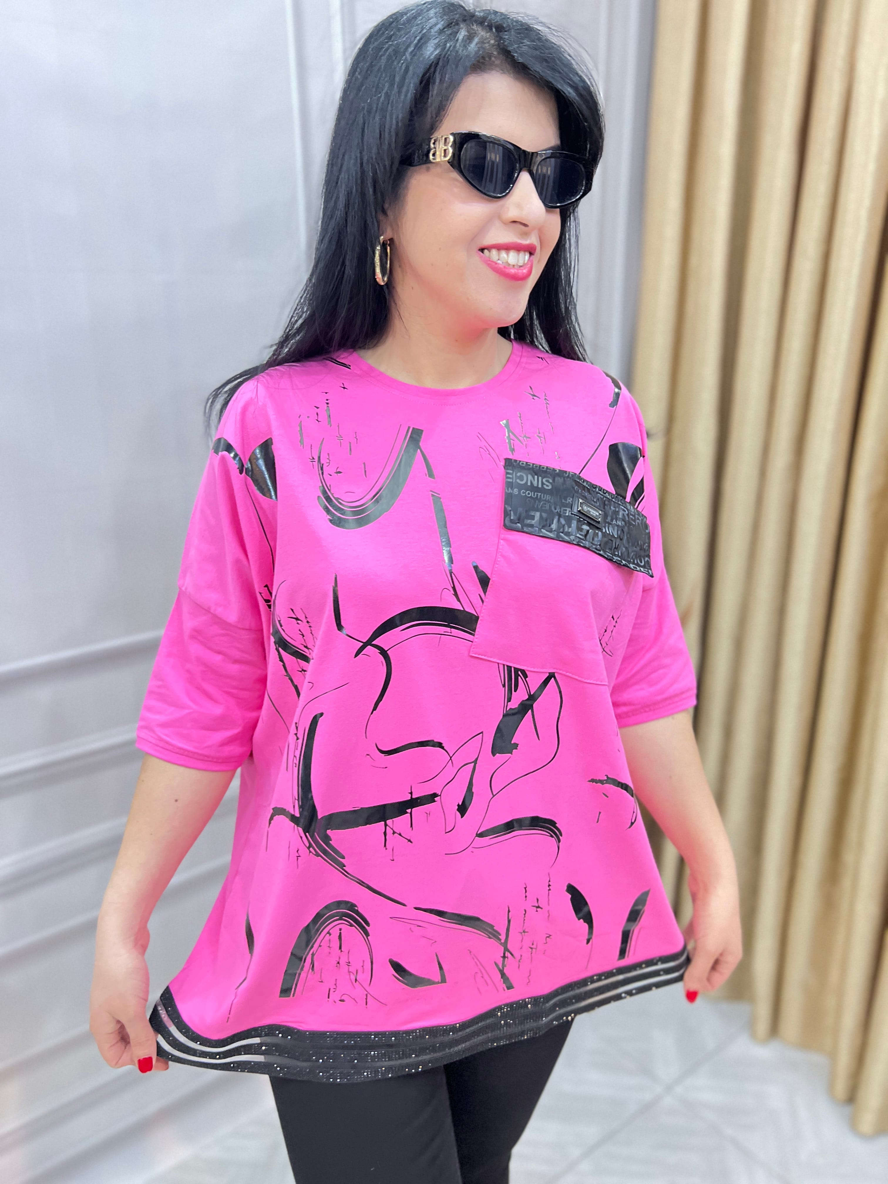 MODAL KUMAŞ LUX KALİTE ASİMETRİK VARAK DESENLİ TASARIM BLUZ TSHIRT