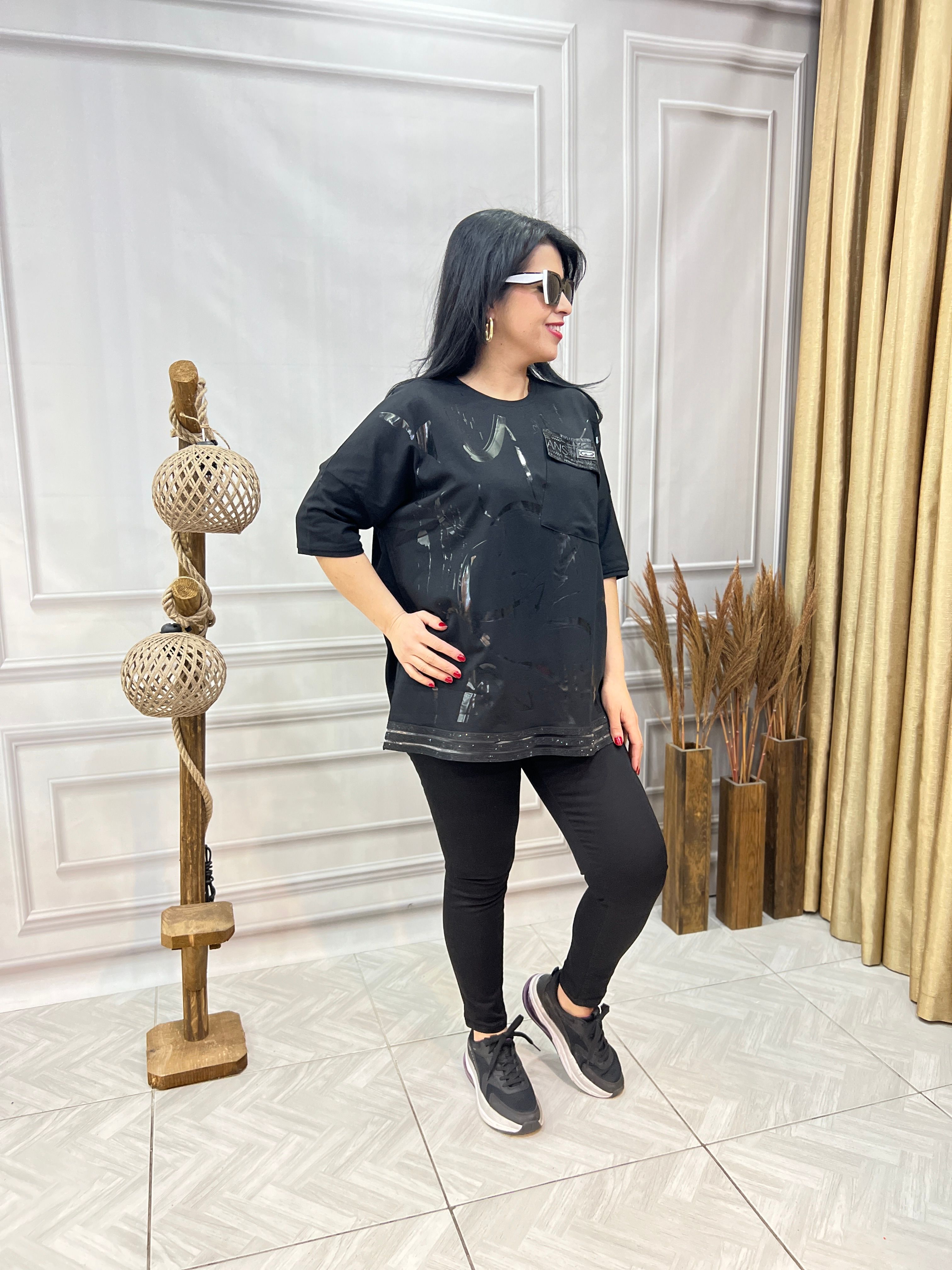 MODAL KUMAŞ LUX KALİTE ASİMETRİK VARAK DESENLİ TASARIM BLUZ TSHIRT