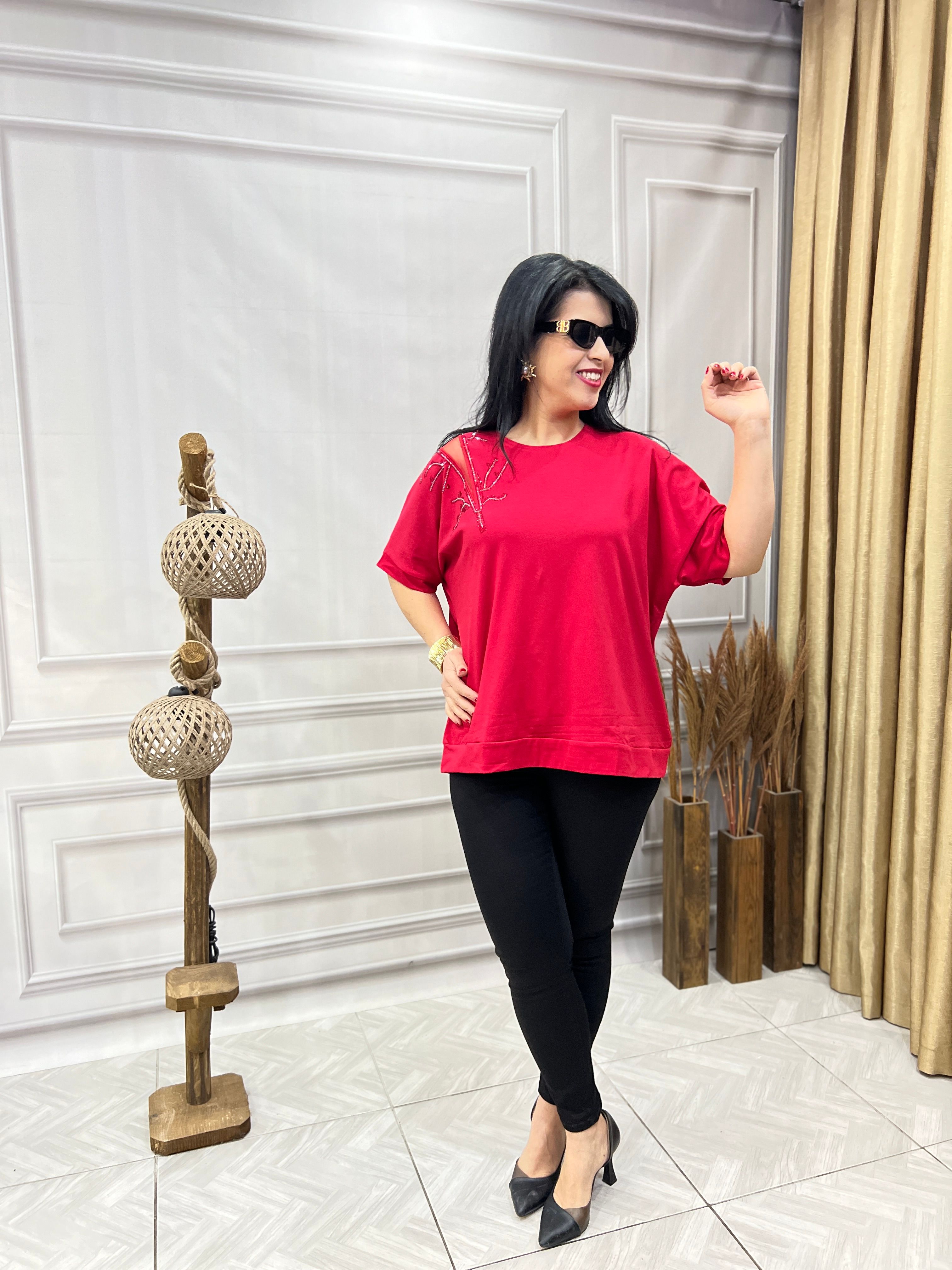 MODAL KUMAŞ LUX KALİTE ORGANİZE TÜL DETAYLI TASARIM BLUZ TSHIRT - KIRMIZI