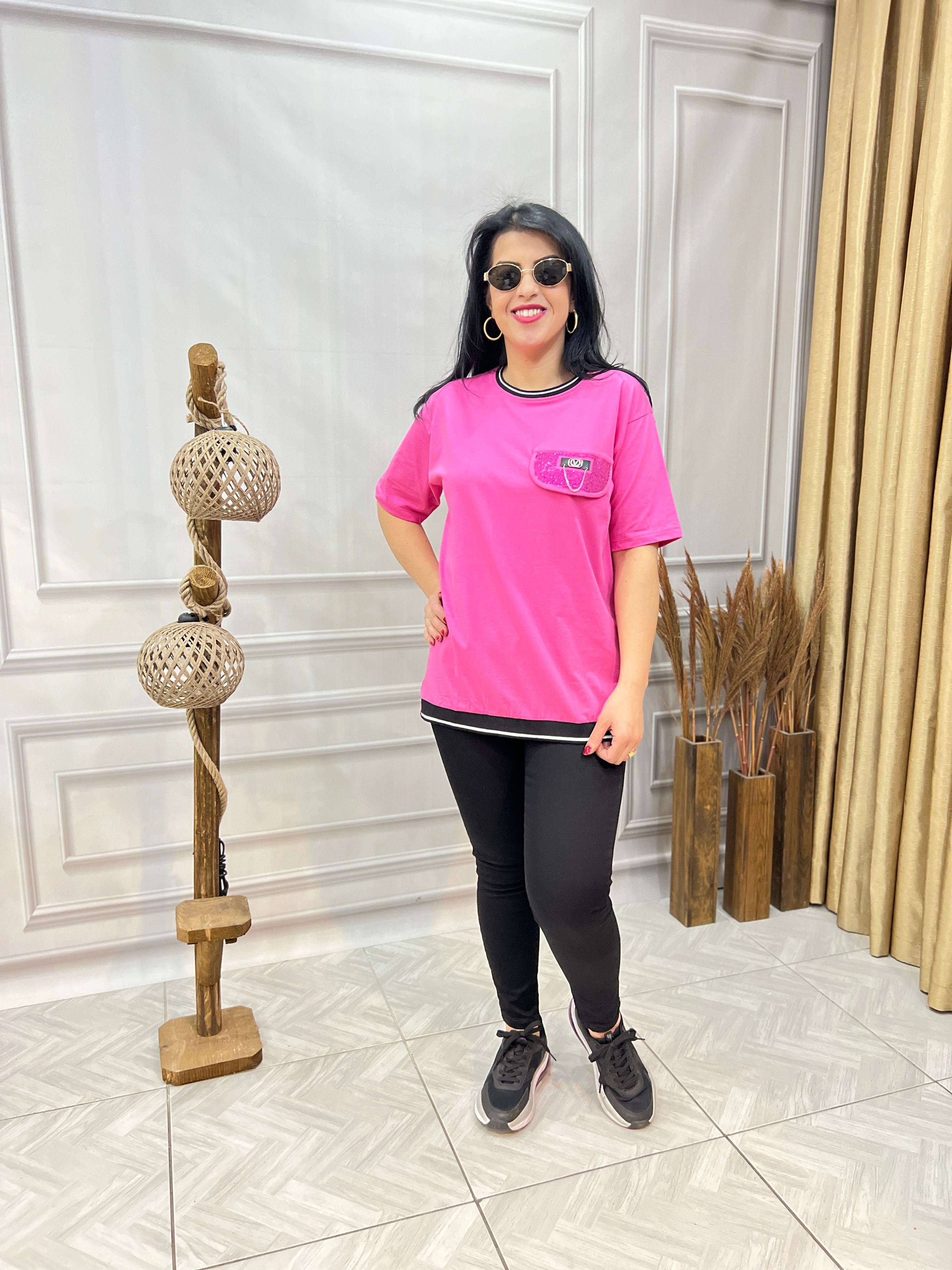 MODAL KUMAŞ LUX KALİTE CEP KAPAKLI TASARIM BLUZ TSHIRT - PEMBE