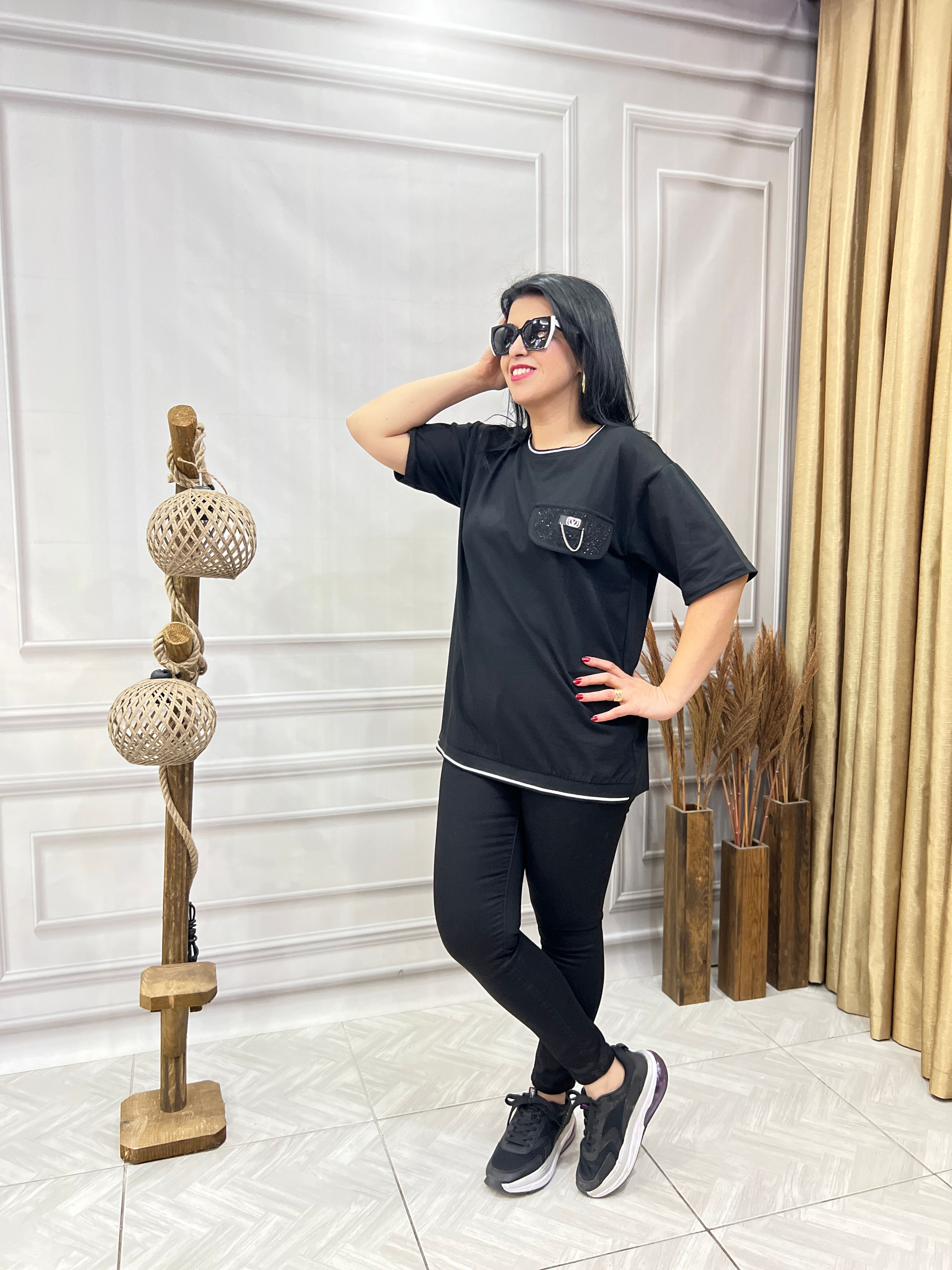 MODAL KUMAŞ LUX KALİTE CEP KAPAKLI TASARIM BLUZ TSHIRT - SİYAH