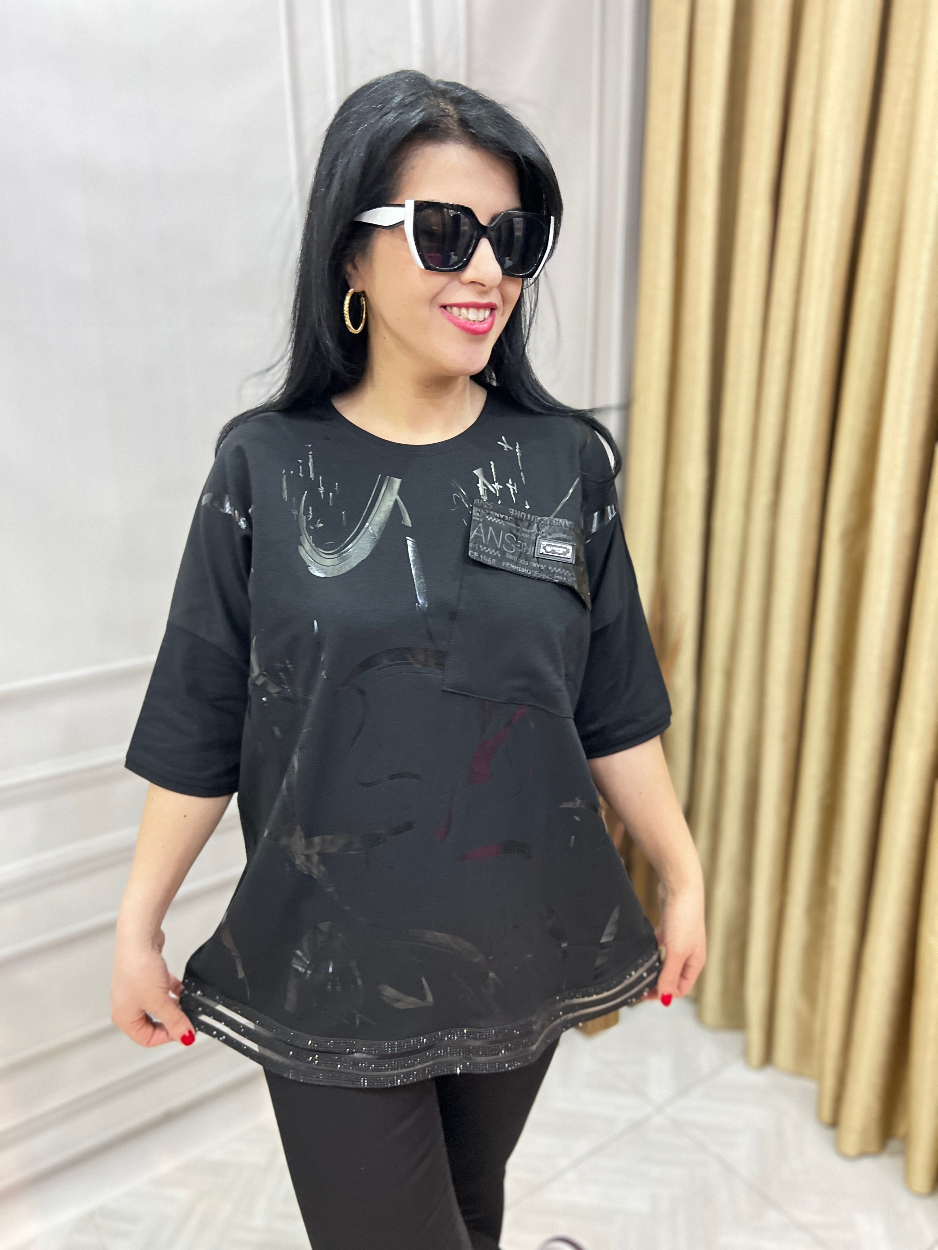 MODAL KUMAŞ LUX KALİTE ASİMETRİK VARAK DESENLİ TASARIM BLUZ TSHIRT