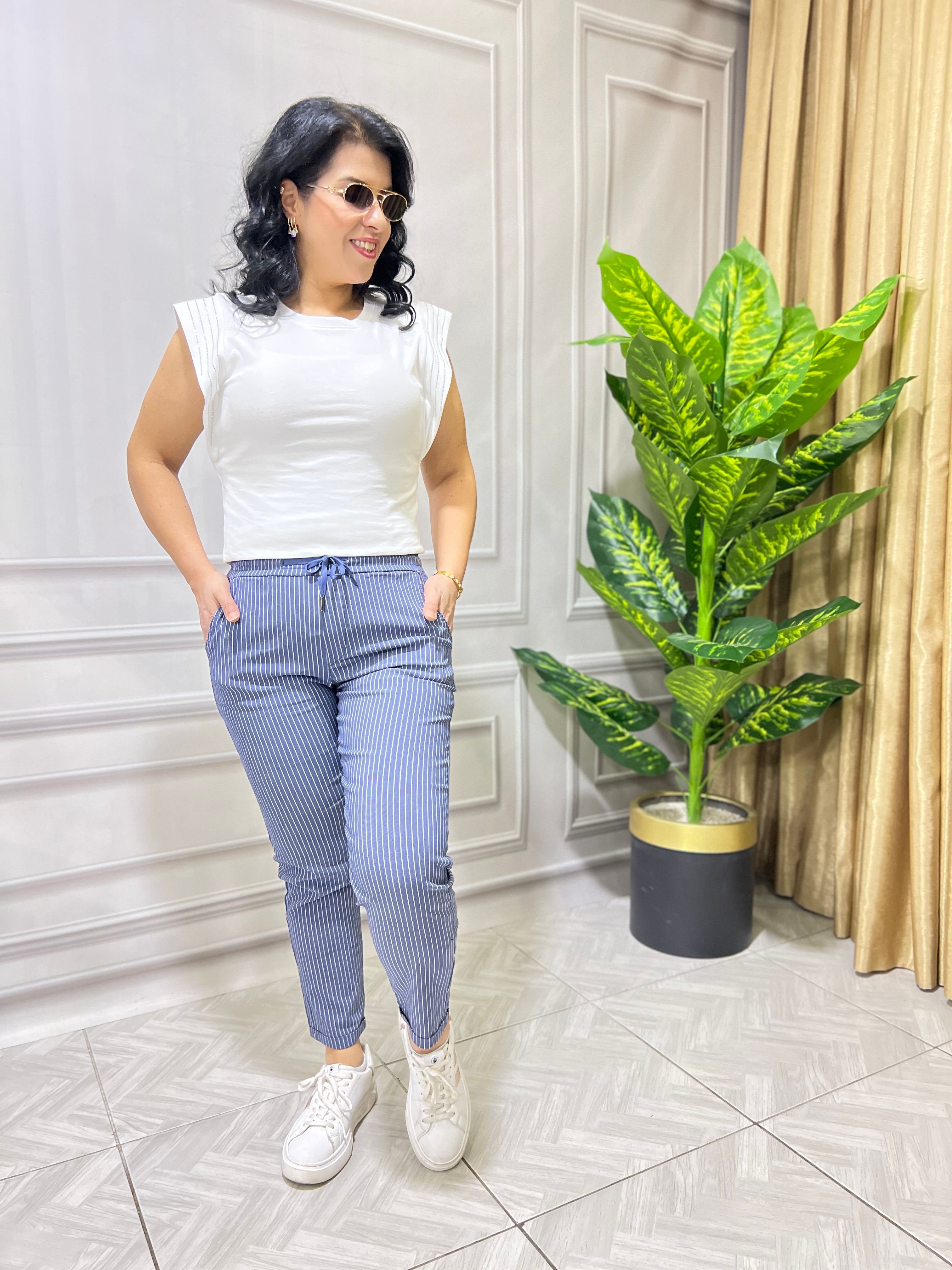 RETRO COOL LİKRALI KETEN PANTOLON - LACİVERT ZEMİN BEYAZ ÇİZGİLİ