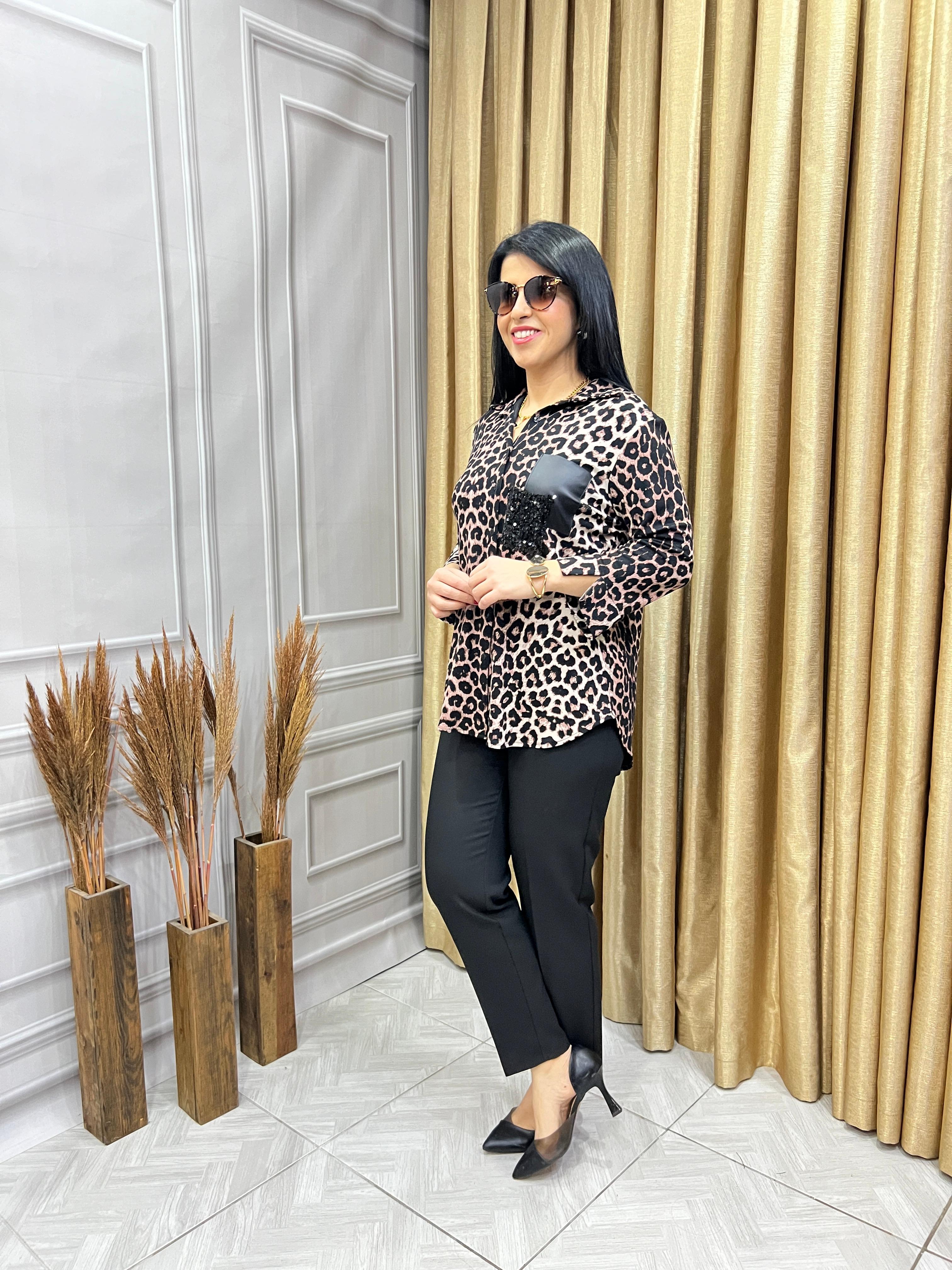PULPAYET & DERİ PARÇALI LUX KALİTE LEOPAR DESEN GÖMLEK