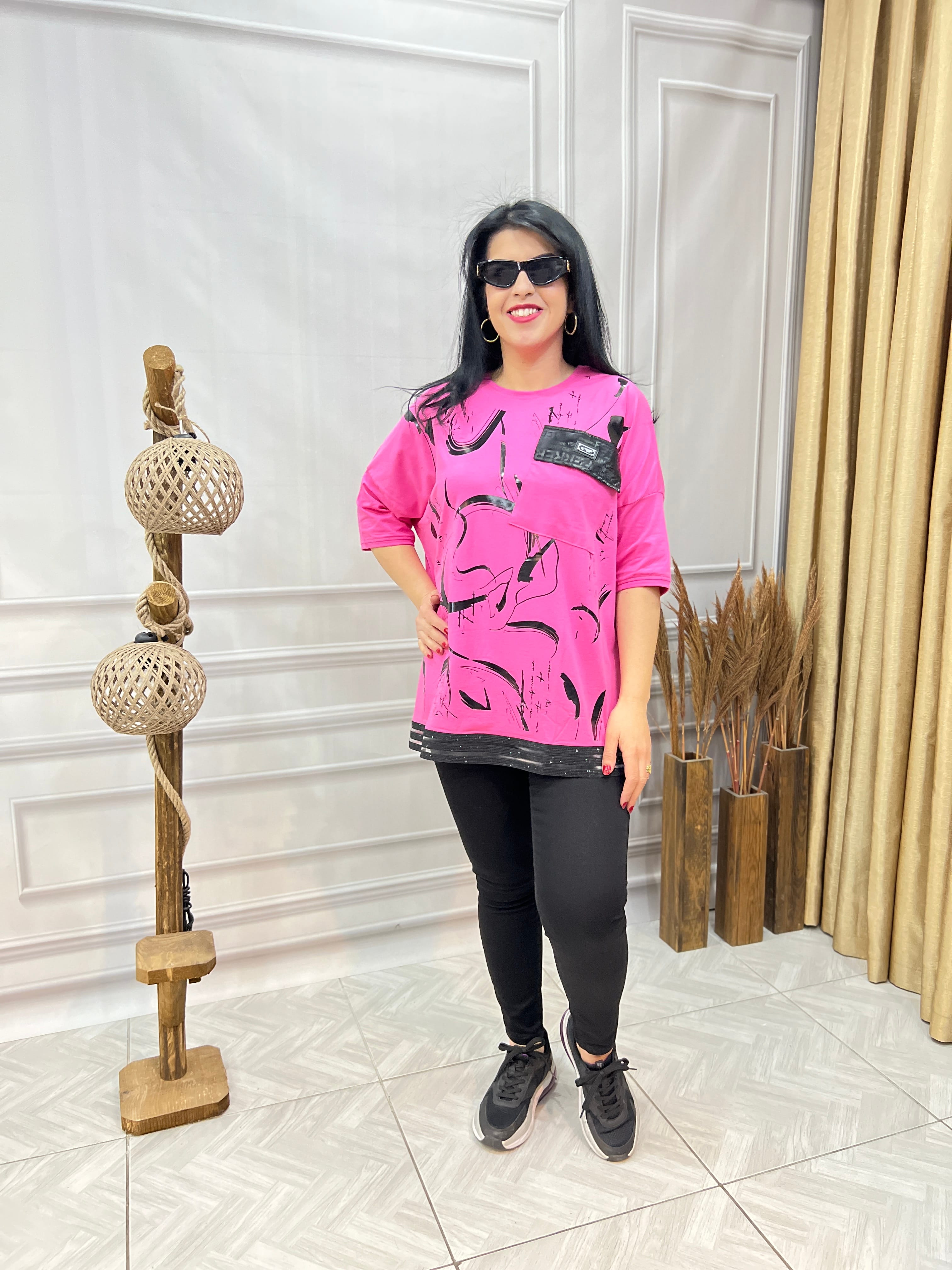 MODAL KUMAŞ LUX KALİTE ASİMETRİK VARAK DESENLİ TASARIM BLUZ TSHIRT