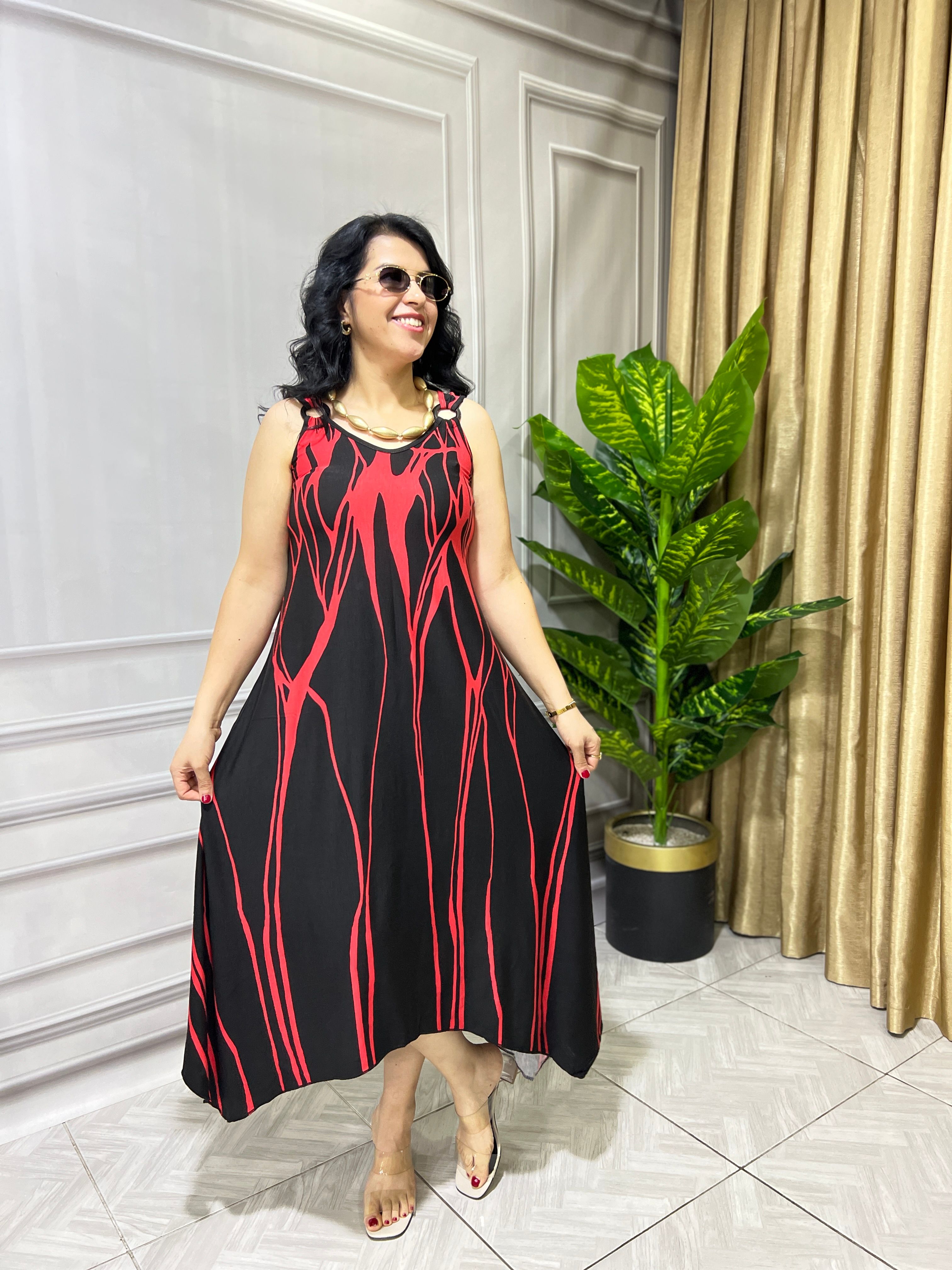 PLUS STYLE ELBİSE - SİYAH KIRMIZI DESEN