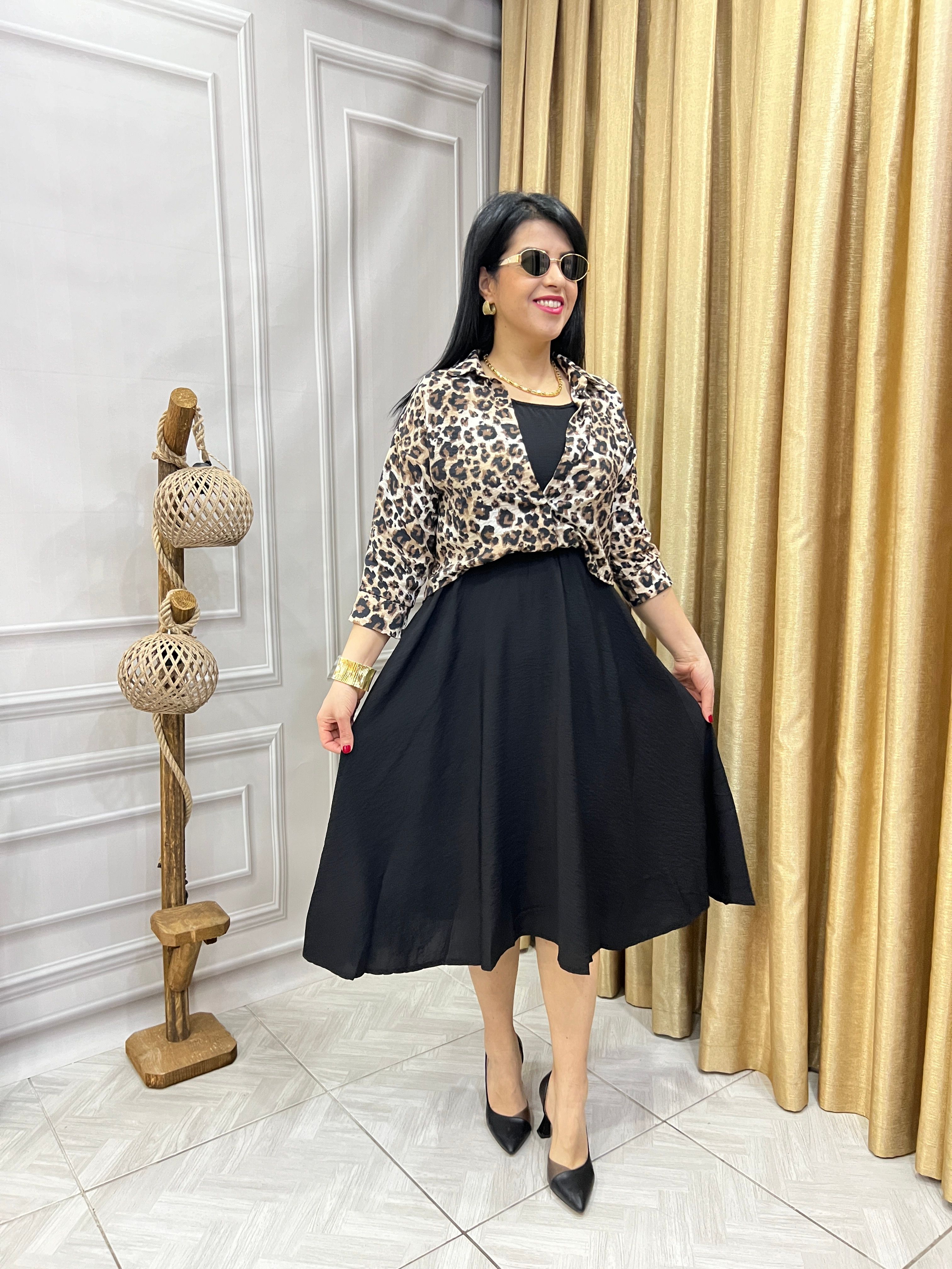 LEOPAR DESEN KETEN KUMAŞ LUX KALİTE GÖMLEK ELBİSE