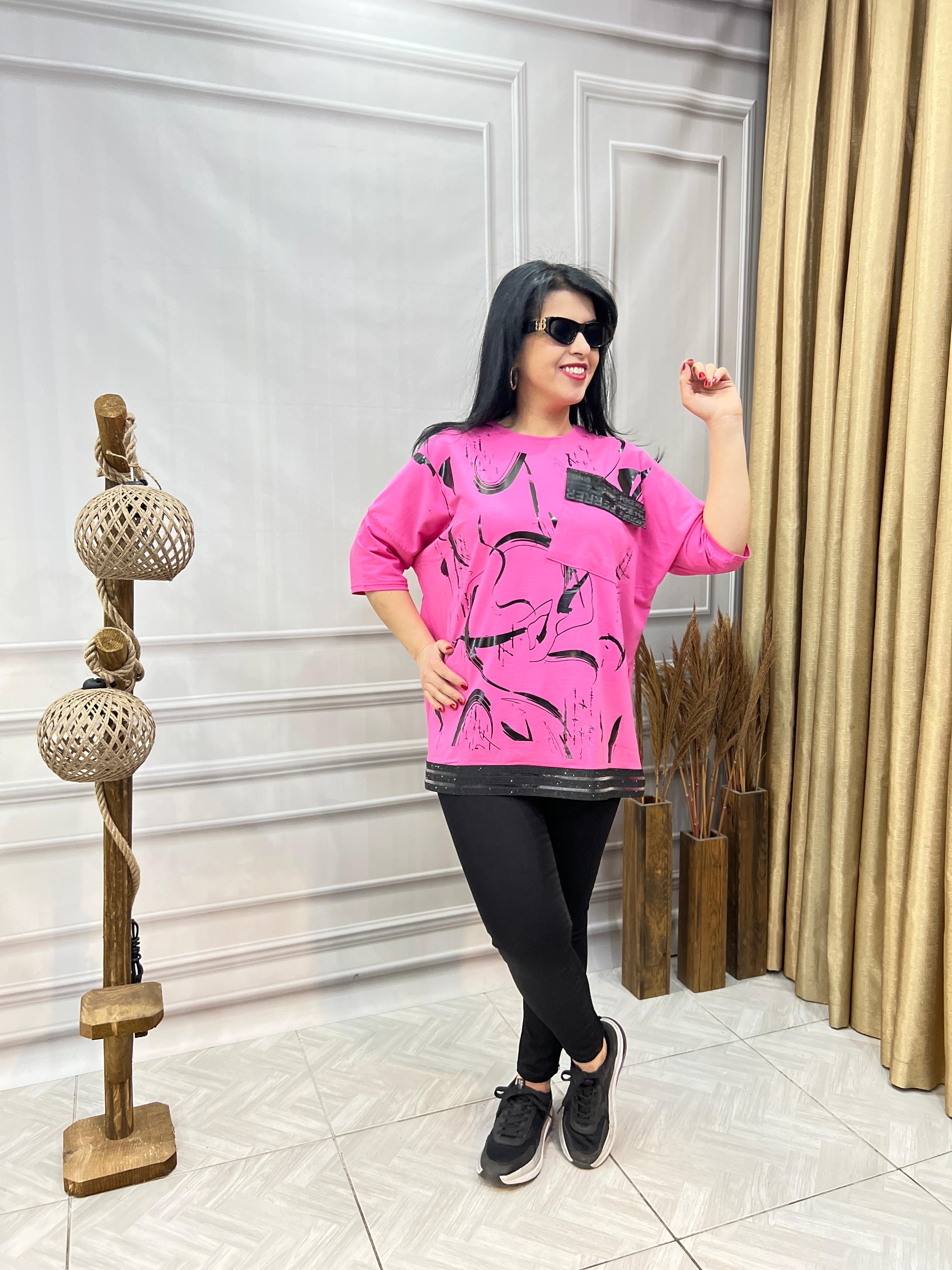 MODAL KUMAŞ LUX KALİTE ASİMETRİK VARAK DESENLİ TASARIM BLUZ TSHIRT - PEMBE
