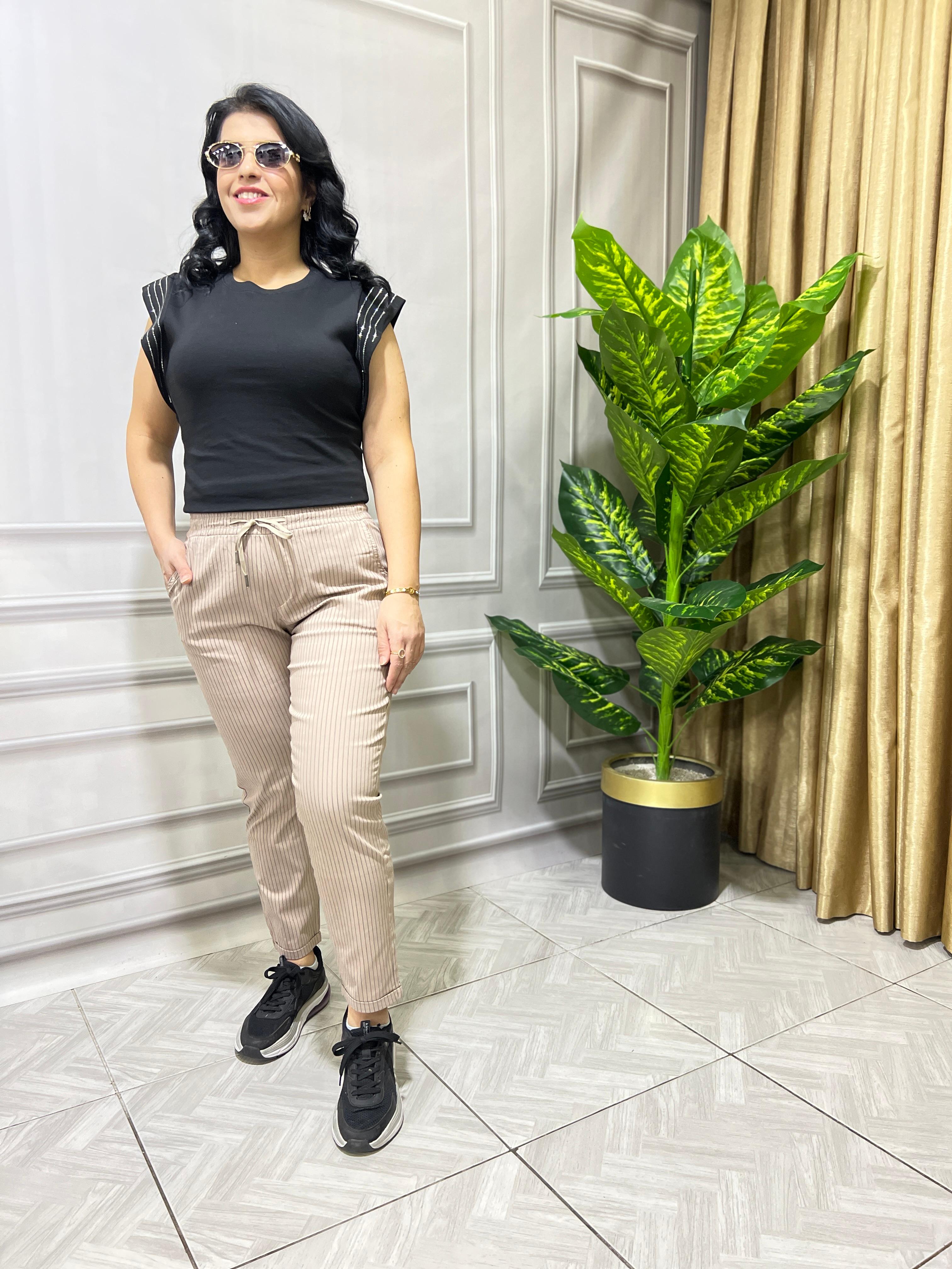 RETRO COOL LİKRALI KETEN PANTOLON - VİZON ZEMİN KAHVE ÇİZGİLİ