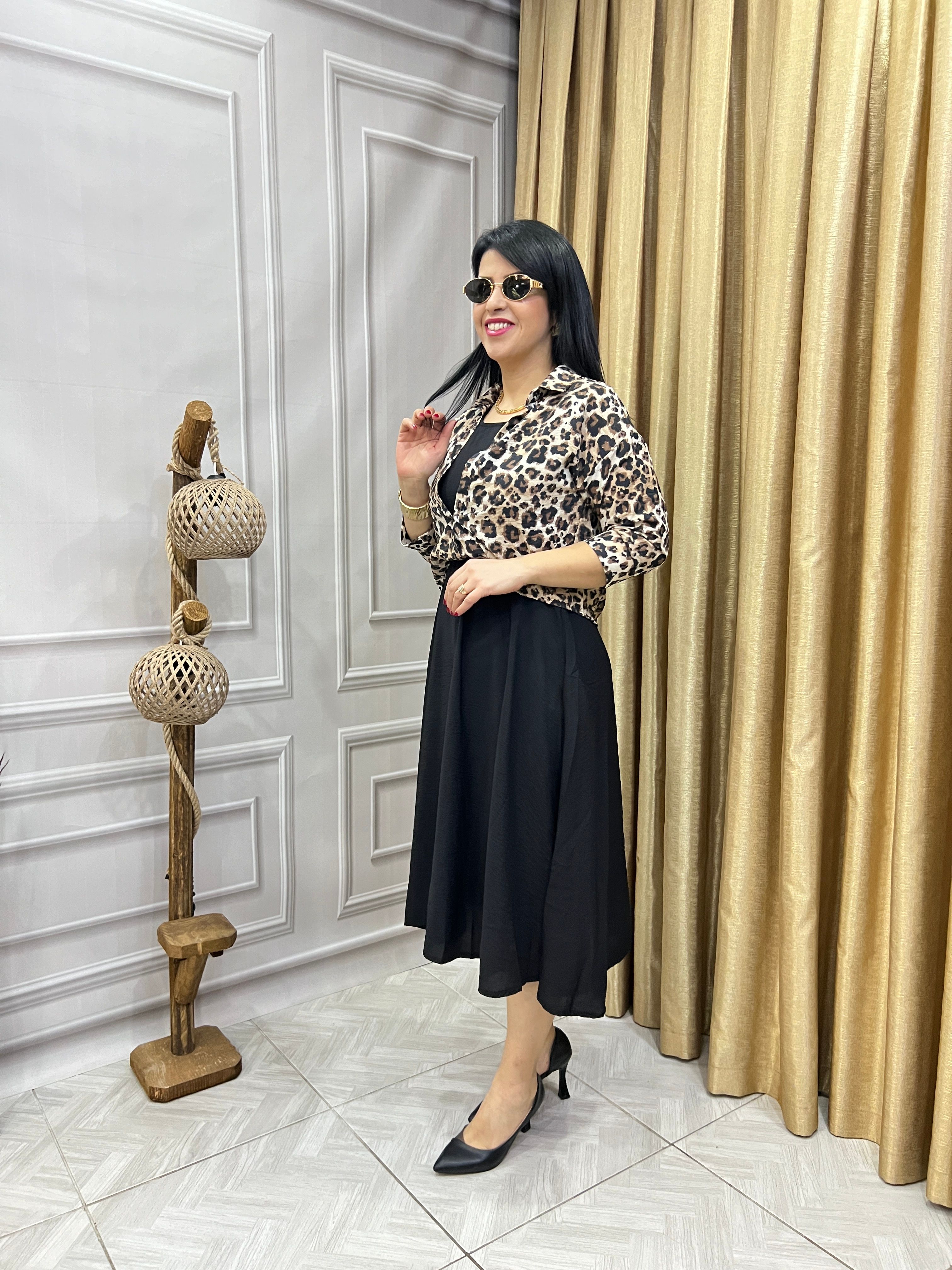 LEOPAR DESEN KETEN KUMAŞ LUX KALİTE GÖMLEK ELBİSE
