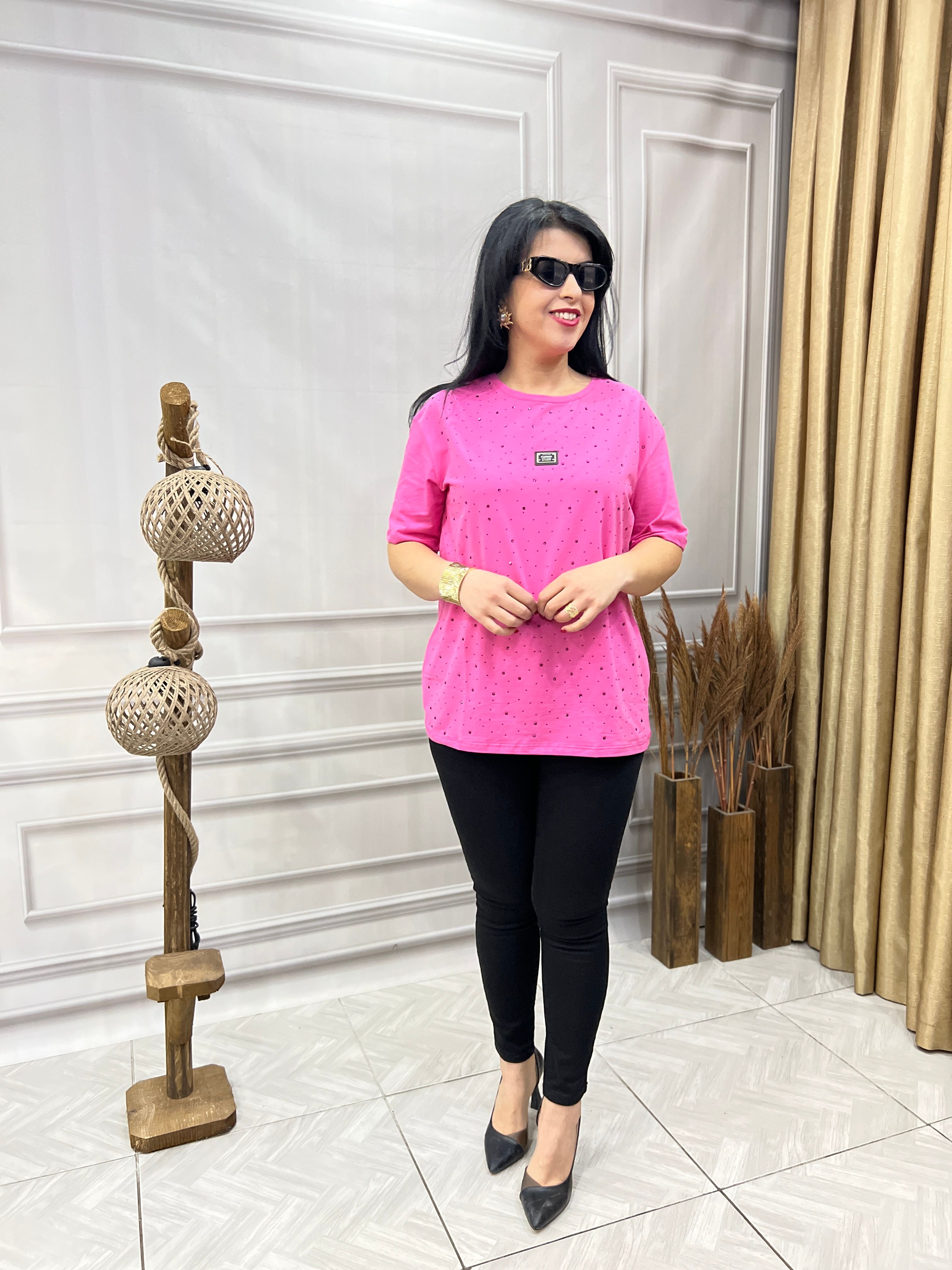 MODAL KUMAŞ LUX KALİTE SERPME TAŞ BASKLI TASARIM BLUZ TSHIRT - PEMBE