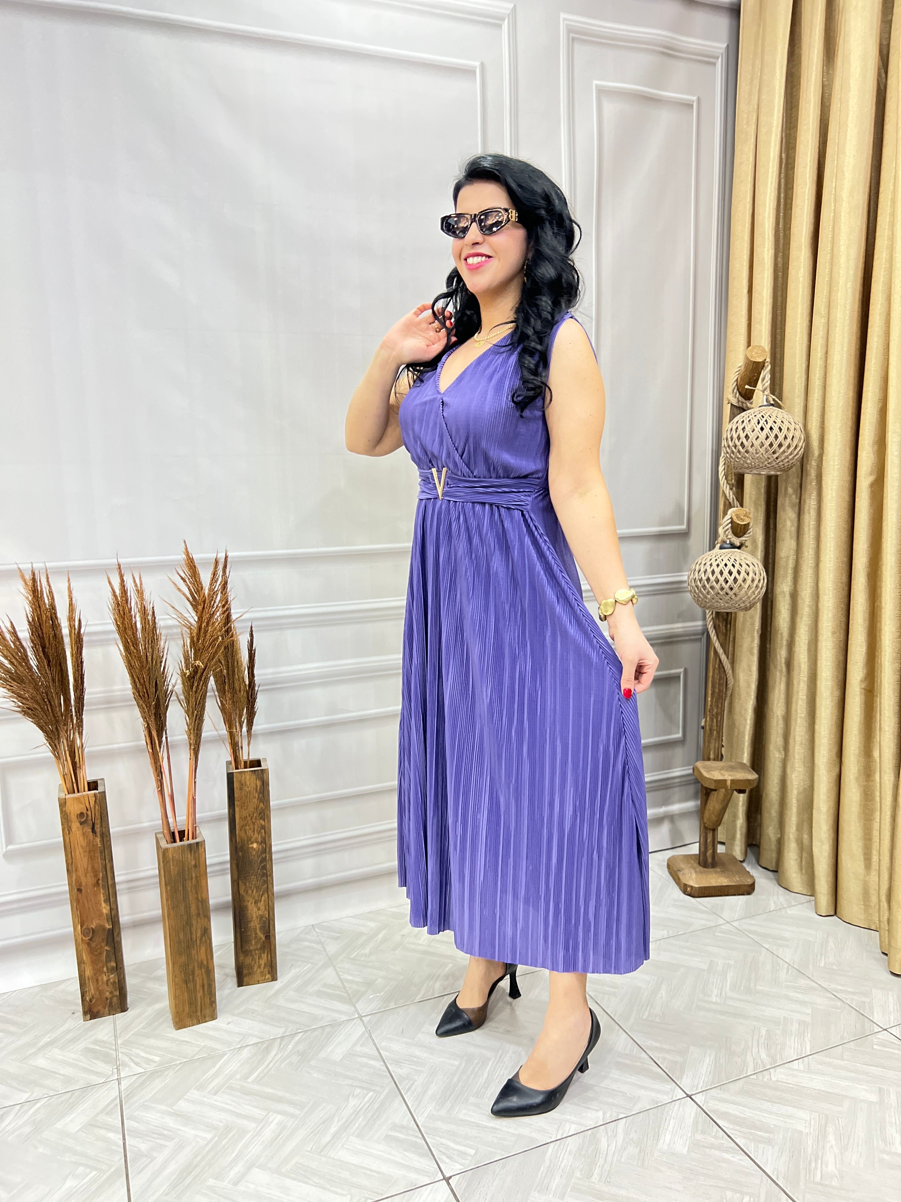 KRUVAZE YAKA AKORDİYON MODEL LUX KALİTE TAM BOY ELBİSE