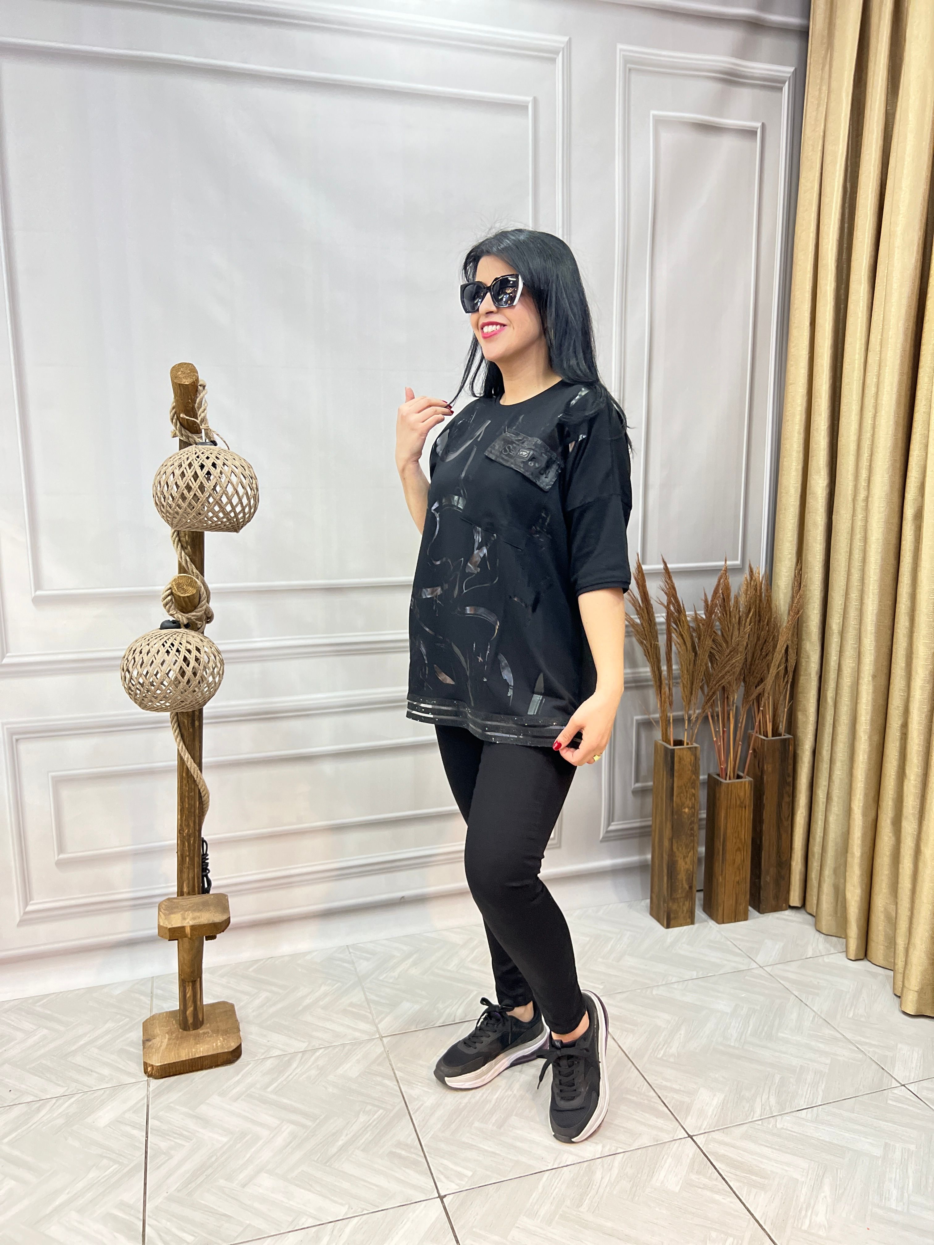MODAL KUMAŞ LUX KALİTE ASİMETRİK VARAK DESENLİ TASARIM BLUZ TSHIRT