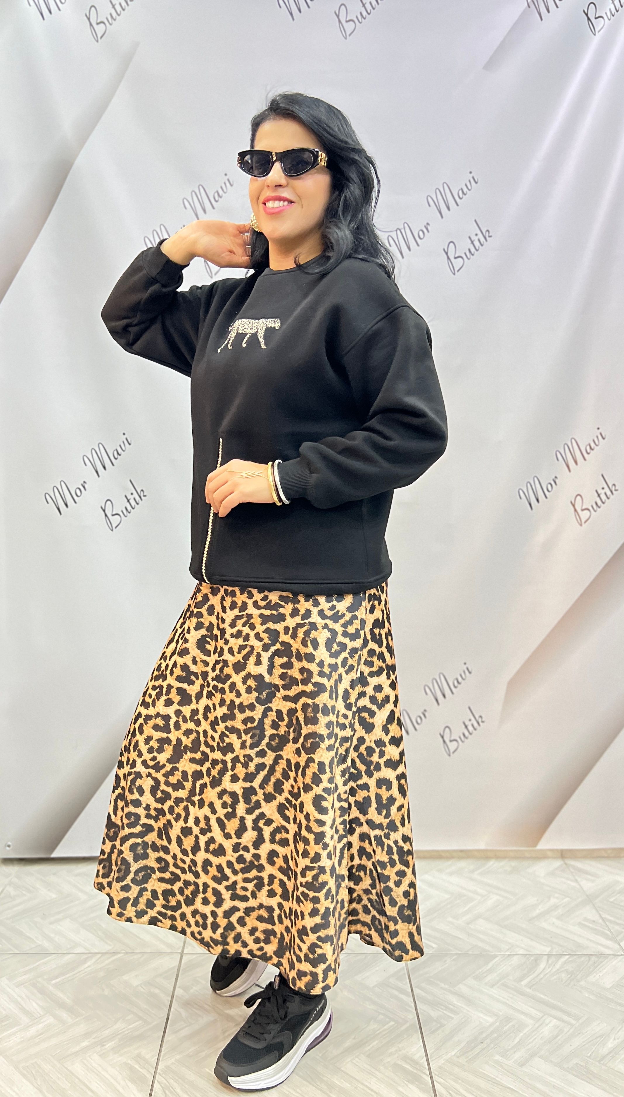 PREMIUM KALİTE LEOPAR FİGÜR NAKIŞLI & FERMUARLI SWEAT