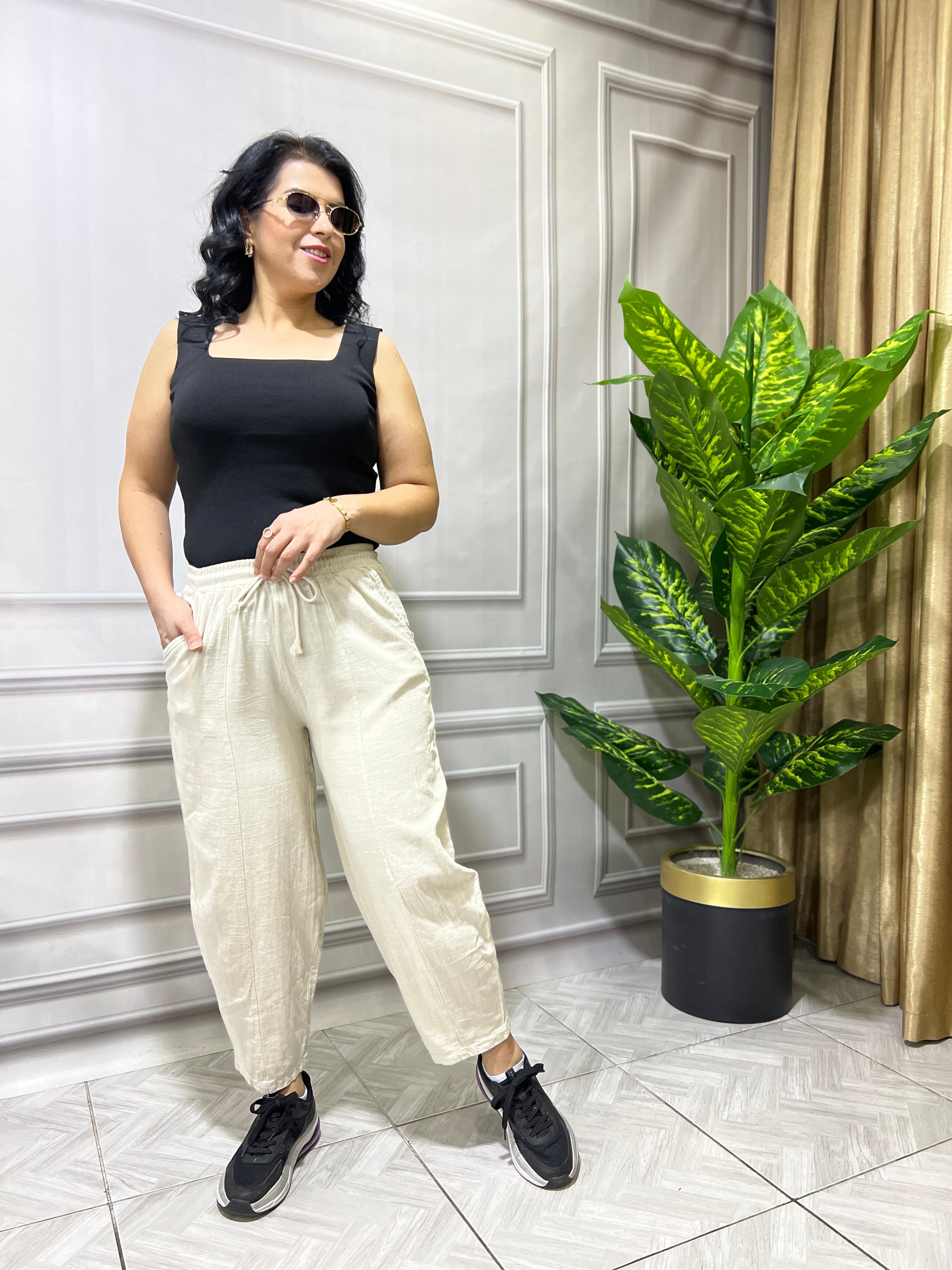 NİLDA HAVUÇ MODEL KETEN PANTOLON - KREM