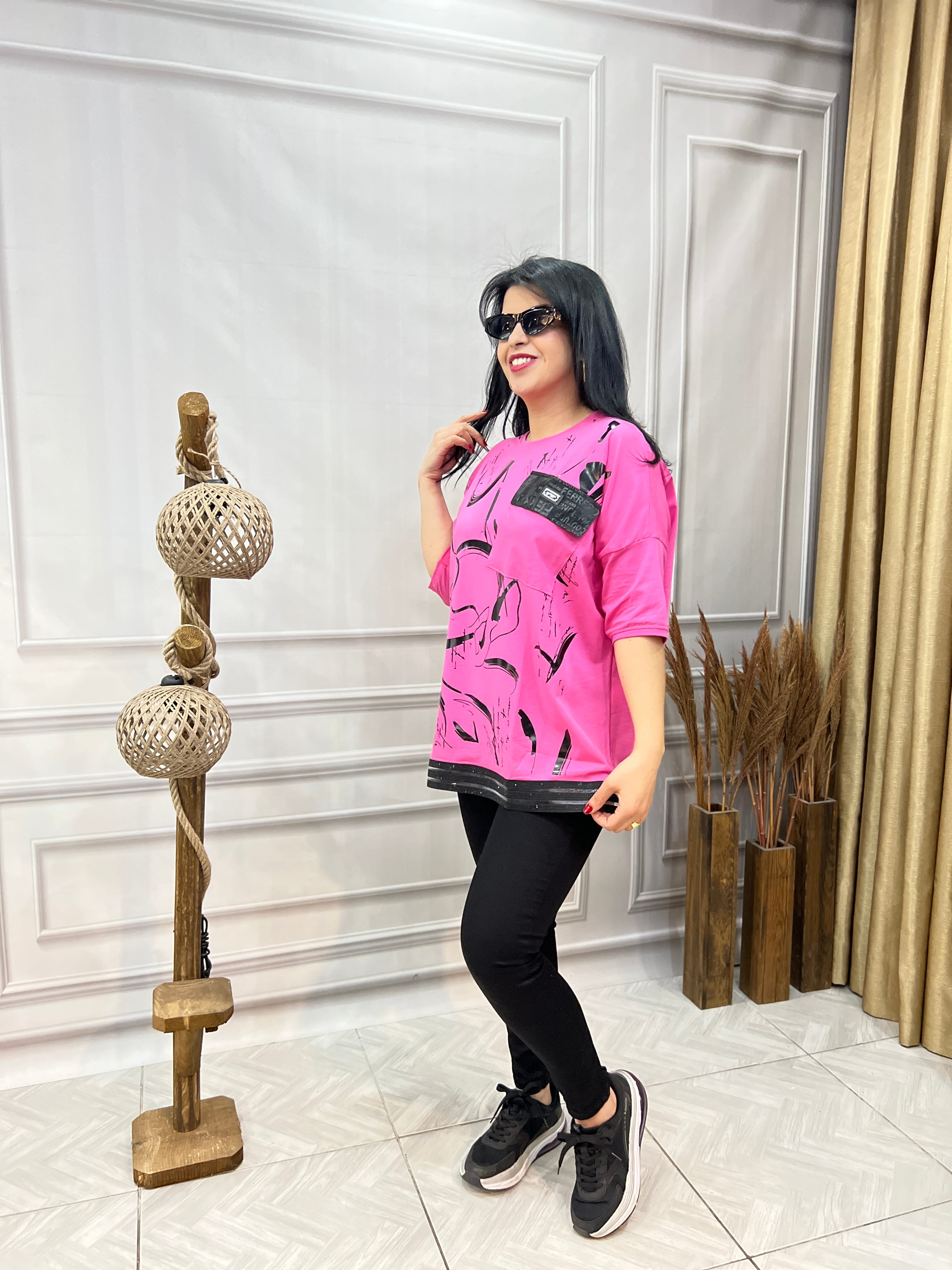MODAL KUMAŞ LUX KALİTE ASİMETRİK VARAK DESENLİ TASARIM BLUZ TSHIRT