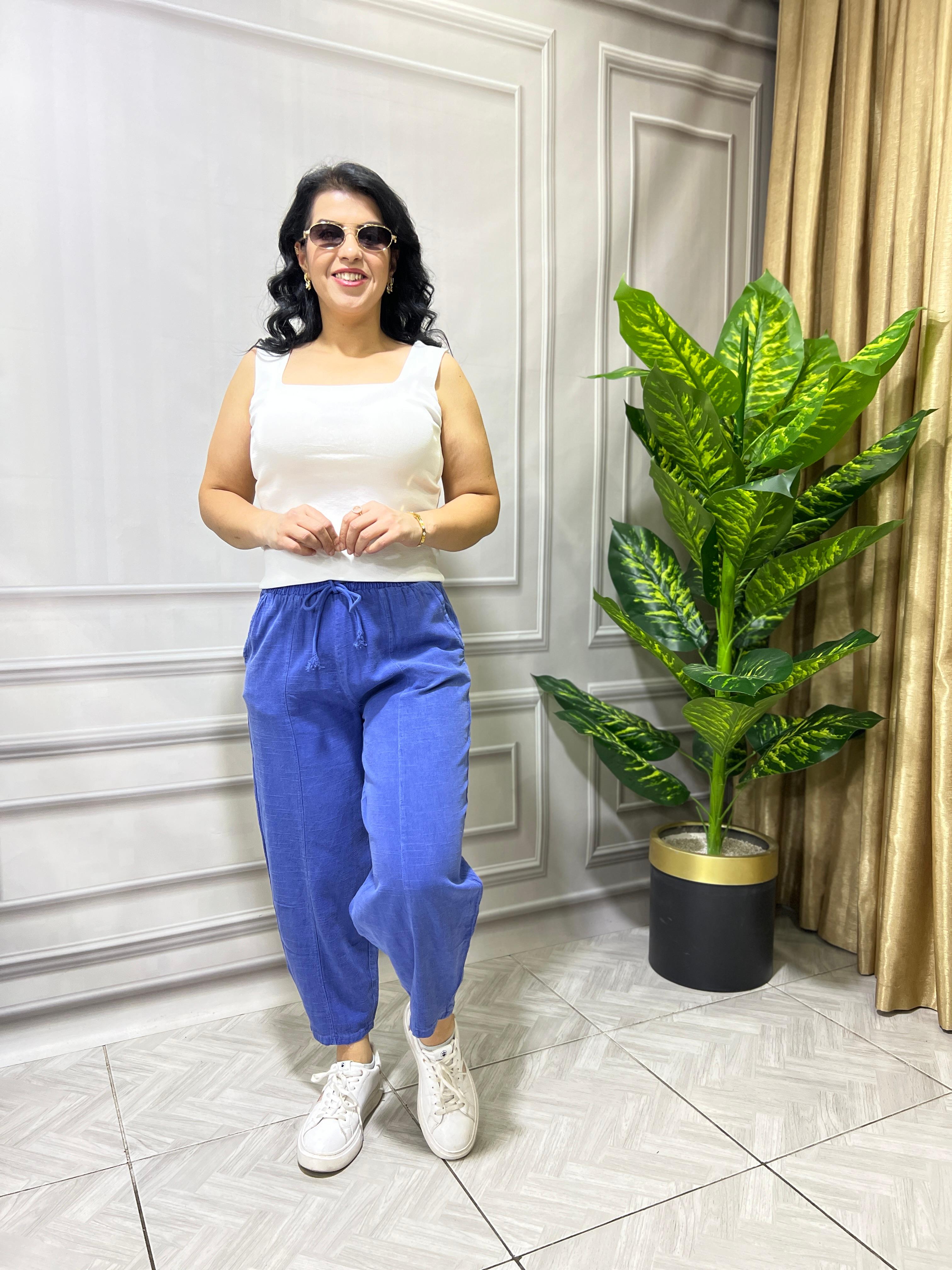 NİLDA HAVUÇ MODEL KETEN PANTOLON - MAVİ