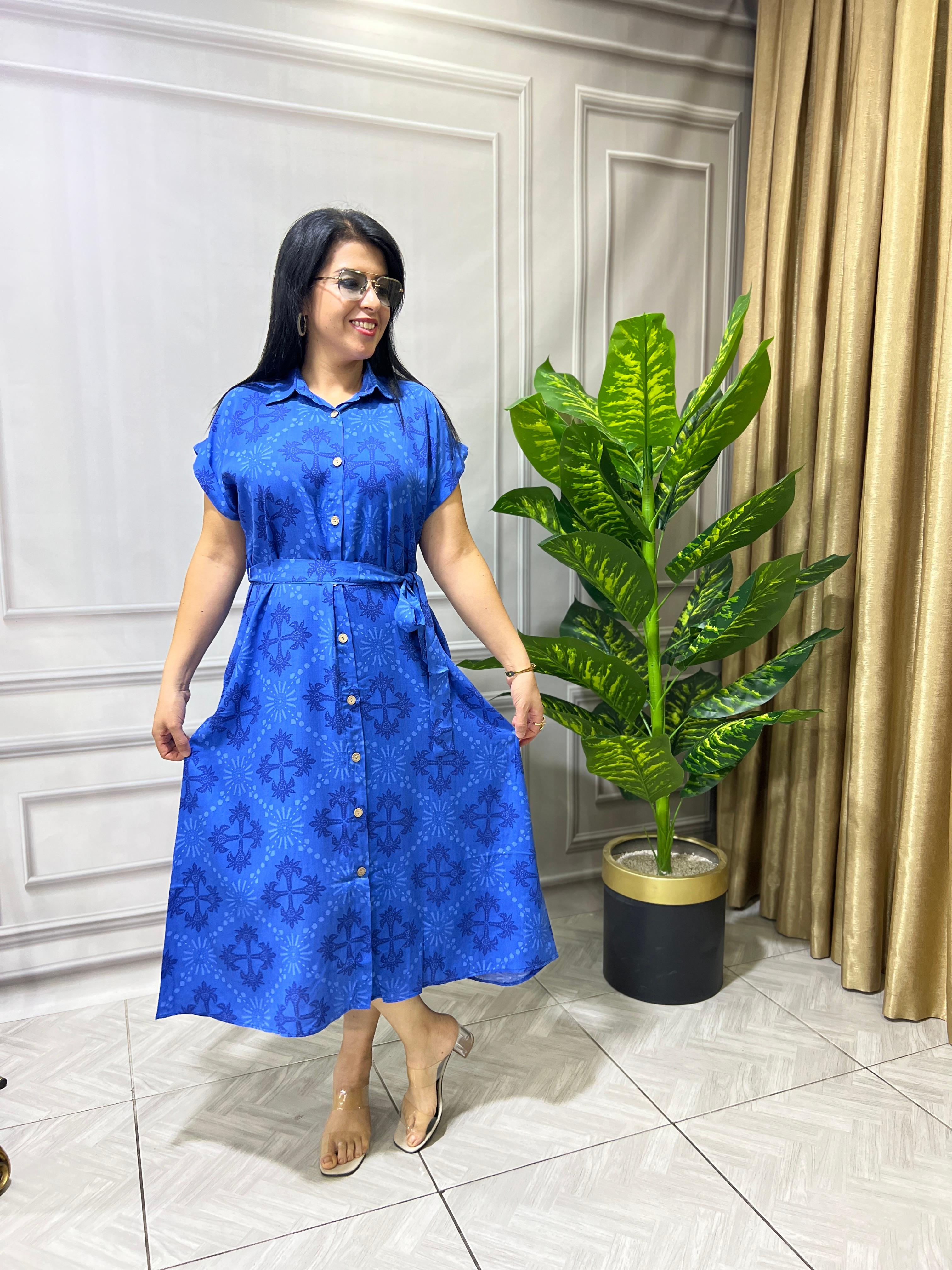 RESİTAL PAMUK DOKUMA ELBİSE - MAVİ MOTİF DESEN