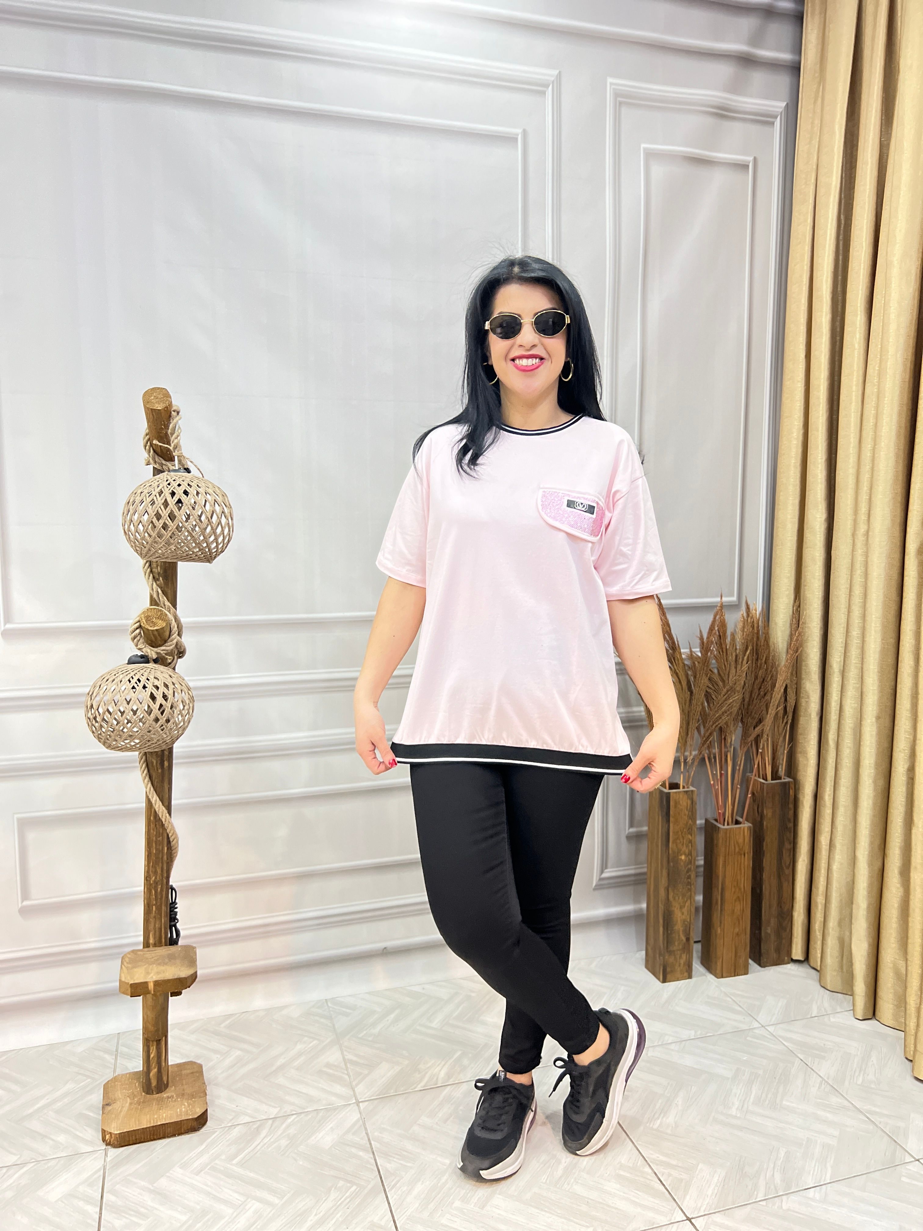 MODAL KUMAŞ LUX KALİTE CEP KAPAKLI TASARIM BLUZ TSHIRT - PUDRA PEMBE