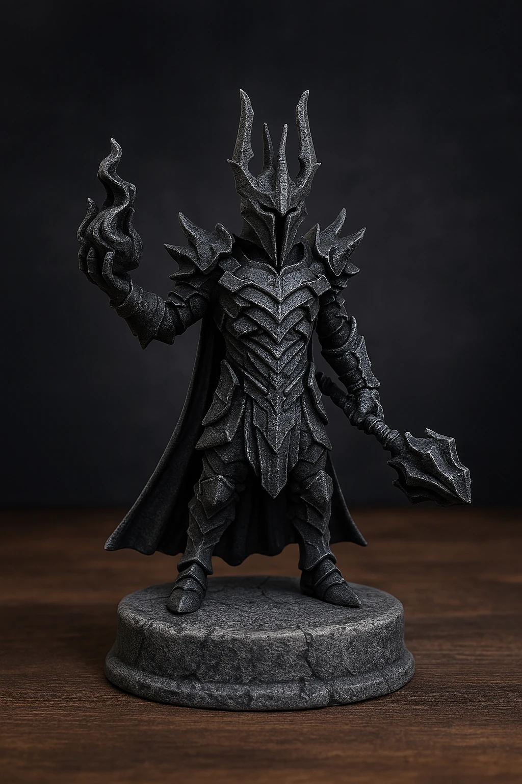 Siyah Gotik Zırhlı Alev Lordu Figürü – Koleksiyonluk Fantastik Heykel