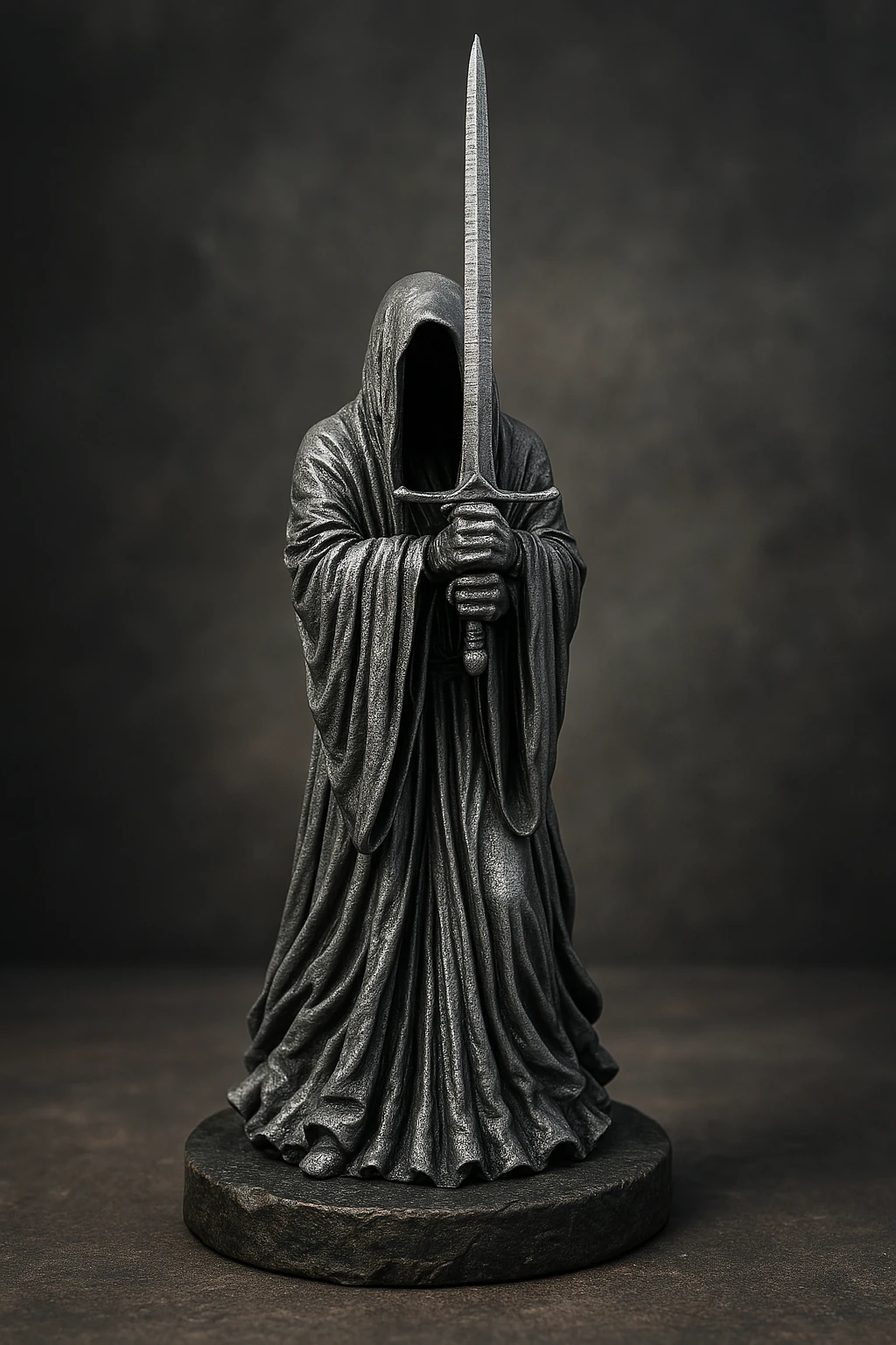 Karanlık Ruhlar Figürü – Siyah Pelerinli Kılıçlı Heykel Koleksiyon Parçası