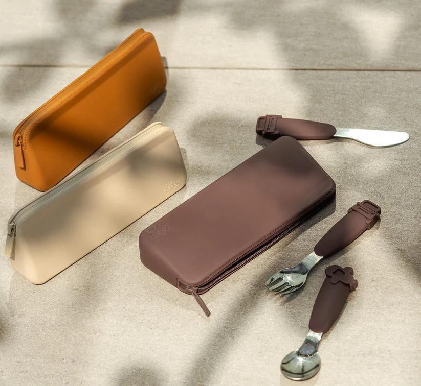 Citron Çantalı Silikon Saplı Paslanmaz Çelik Çatal Bıçak ve Kaşık Takımı - Beige 