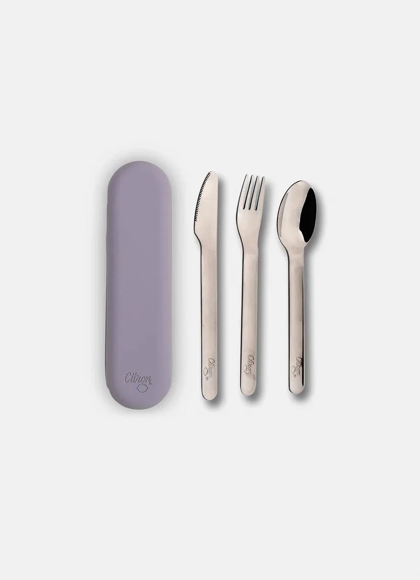 Citron Silikon Kılıflı Paslanmaz Çelik 3'lü Çatal Bıçak Kaşık Takımı - Purple 