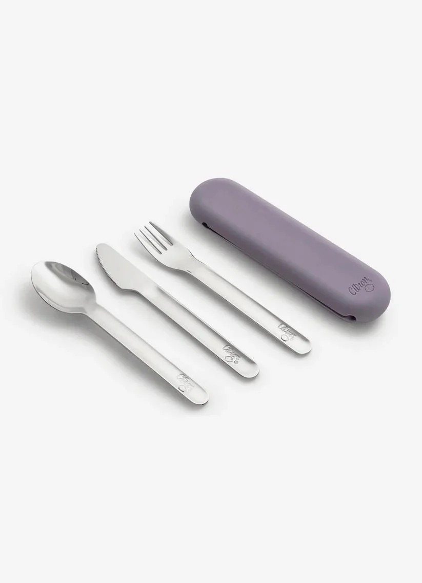 Citron Silikon Kılıflı Paslanmaz Çelik 3'lü Çatal Bıçak Kaşık Takımı - Purple 