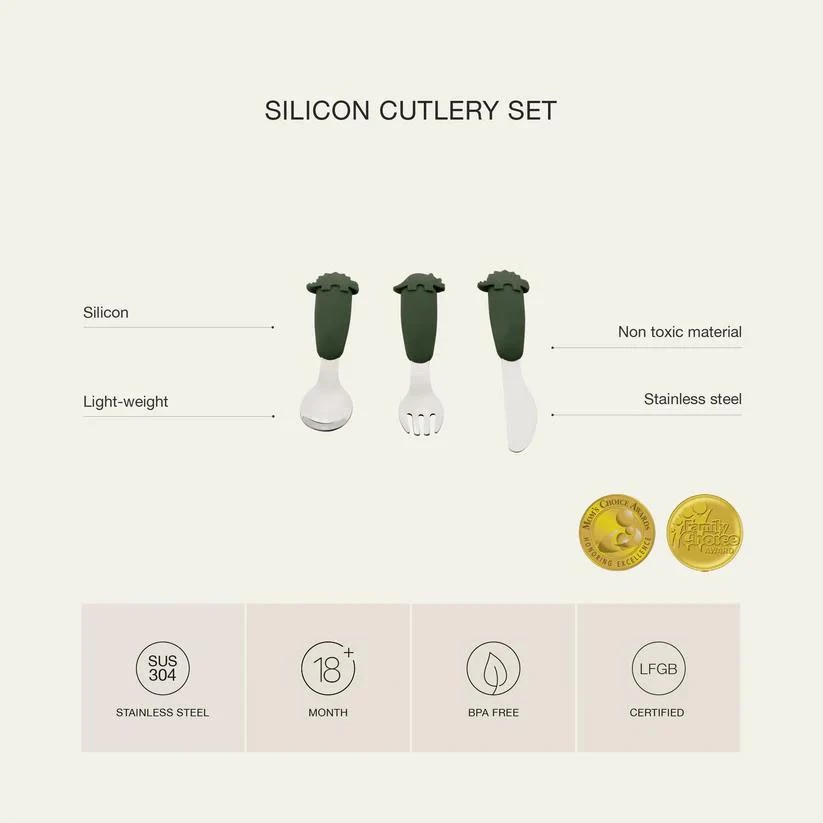 Citron 3'lü Silikon Saplı Paslanmaz Çelik Çatal, Bıçak ve Kaşık Takımı - Dino 