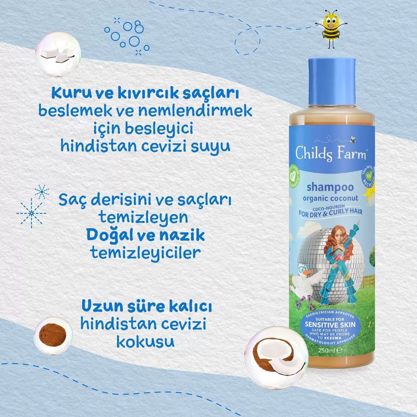 Childs Farm Kuru ve Kıvırcık Saçlar için Hindistan Cevizi Özlü Şampuan 250ml