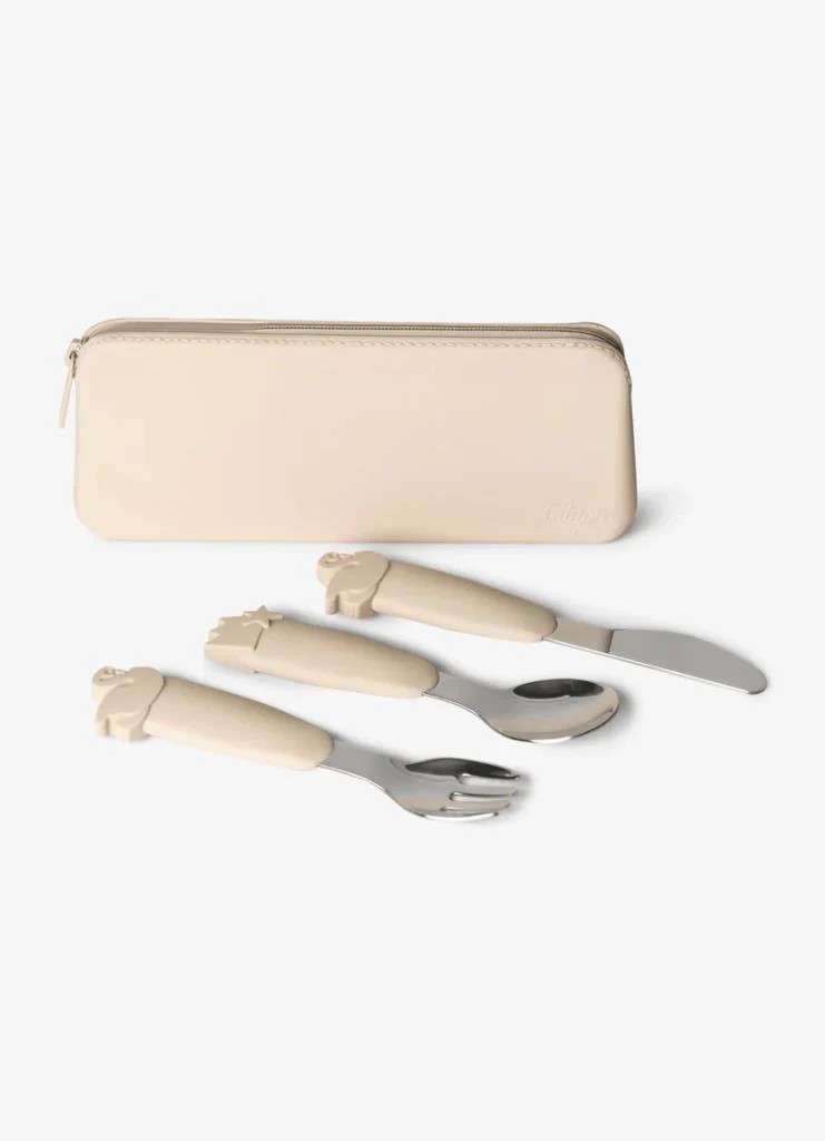 Citron Çantalı Silikon Saplı Paslanmaz Çelik Çatal Bıçak ve Kaşık Takımı - Beige 