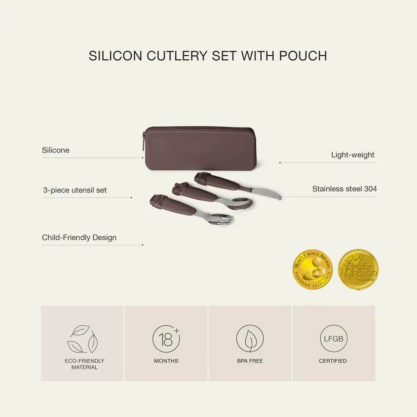 Citron Çantalı Silikon Saplı Paslanmaz Çelik Çatal Bıçak ve Kaşık Takımı - Beige 