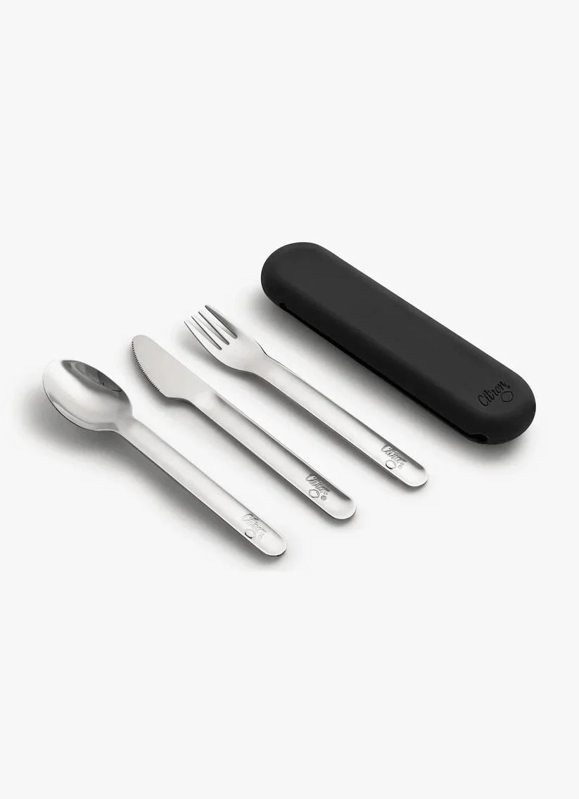 Citron Silikon Kılıflı Paslanmaz Çelik 3'lü Çatal Bıçak Kaşık Takımı - Black 