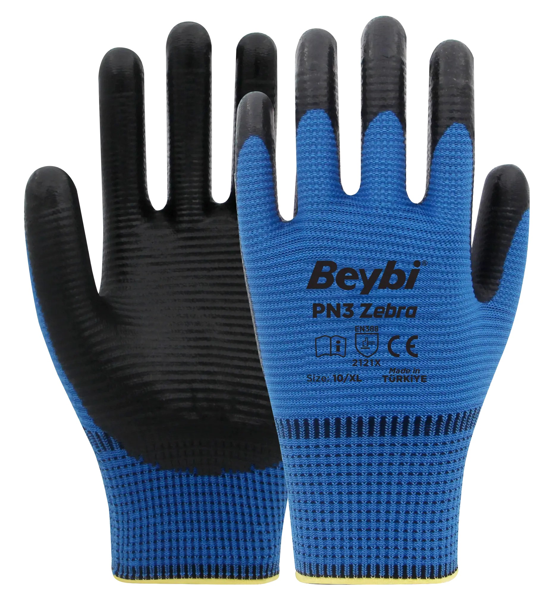 Beybi PN3 Zebra Polyester Örme Nitril Eldiven - Mavi