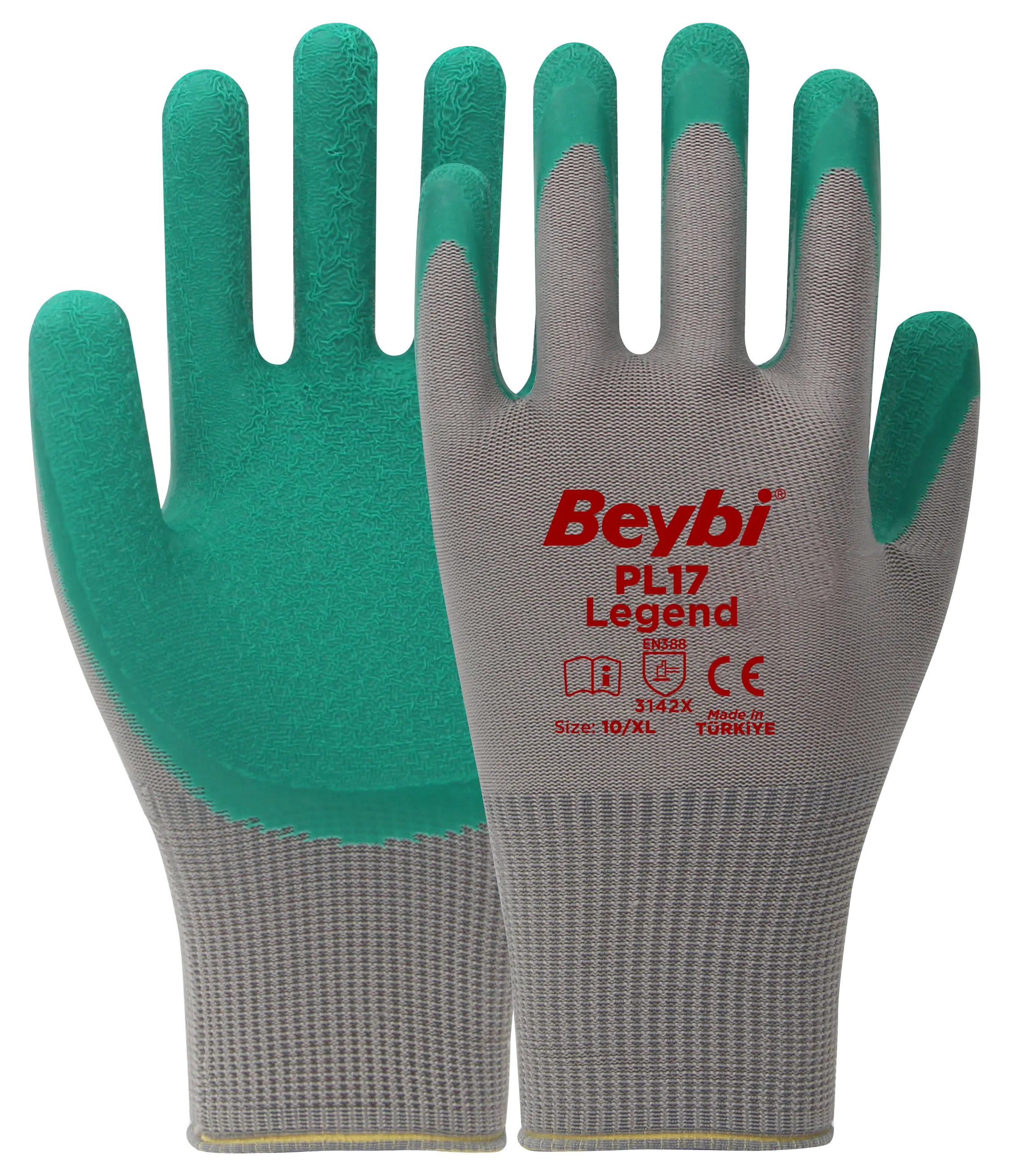 Beybi PL17 Legend Polyester Örme Yeşil Lateks Kaplı Camcı İş Eldiveni Koli