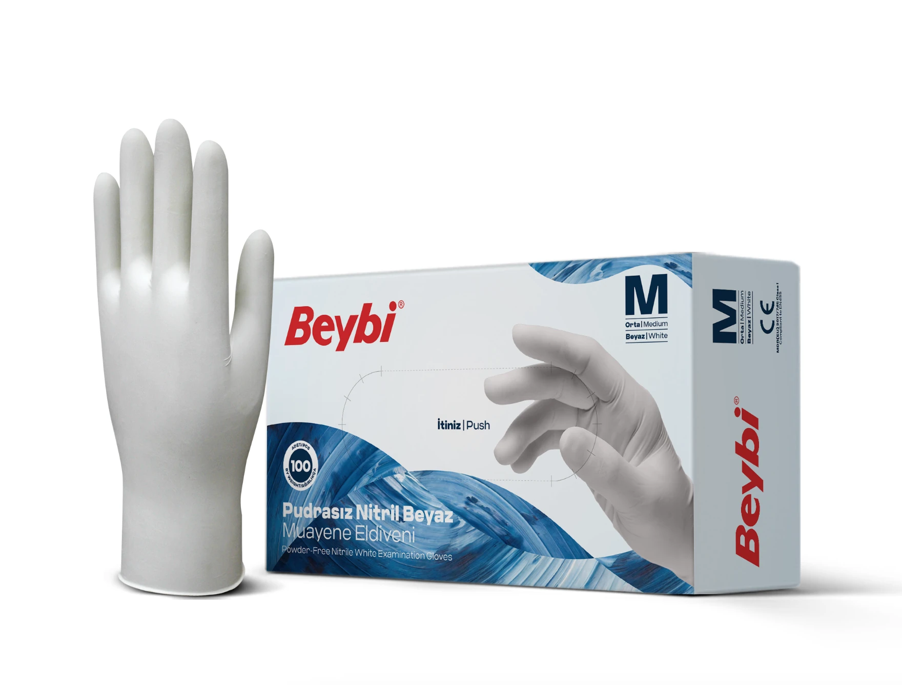 Beybi Pudrasız Beyaz Nitril Muayene Eldiveni