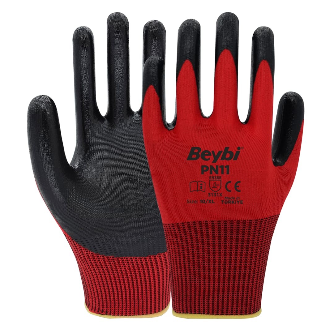 Beybi PN11 Polyester Örme Nitril Eldiven - Kırmızı