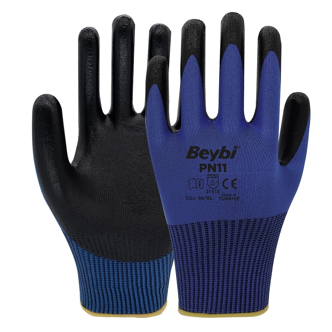 Beybi PN11 Polyester Örme Nitril Eldiven - Mavi