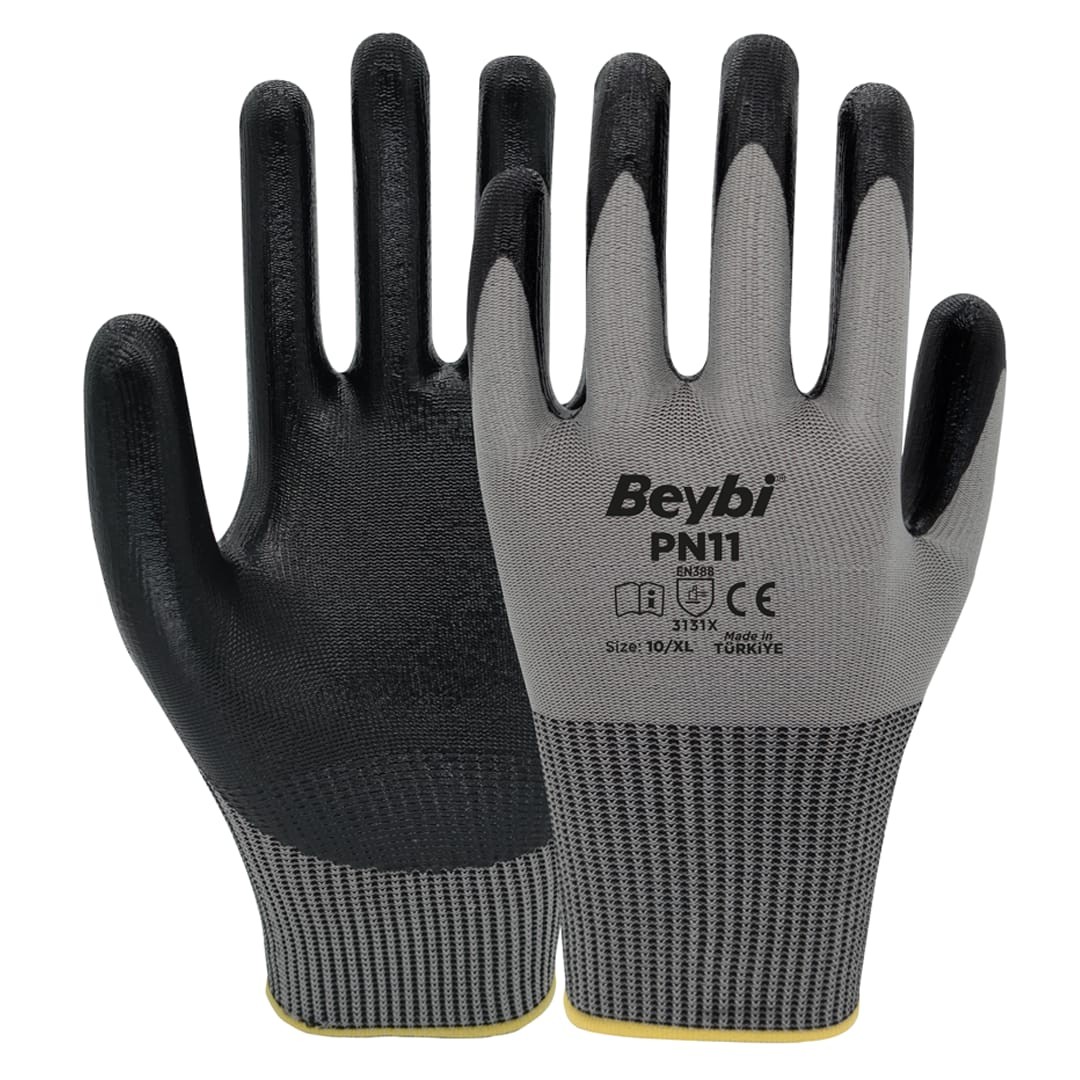 Beybi PN11 Polyester Örme Nitril Eldiven - Gri
