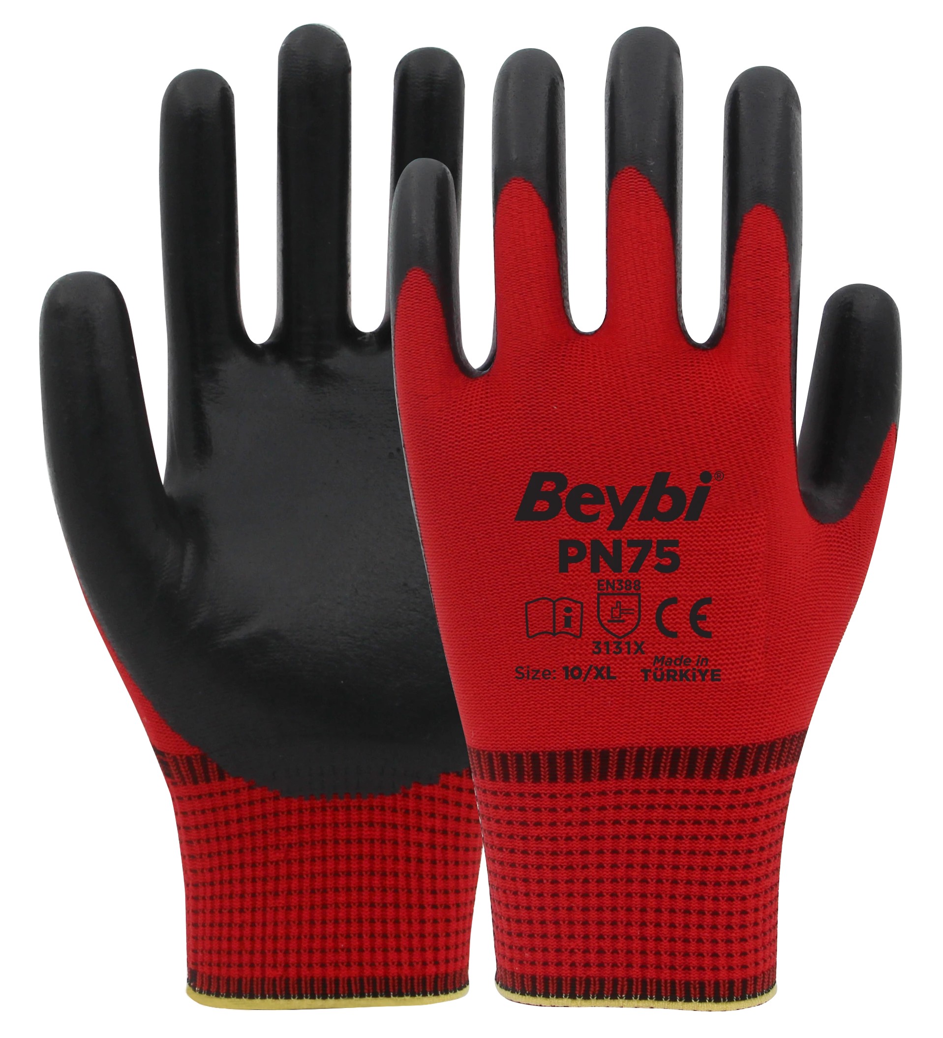 Beybi PN75 Kırmızı Polyester Örme Nitril Eldiven