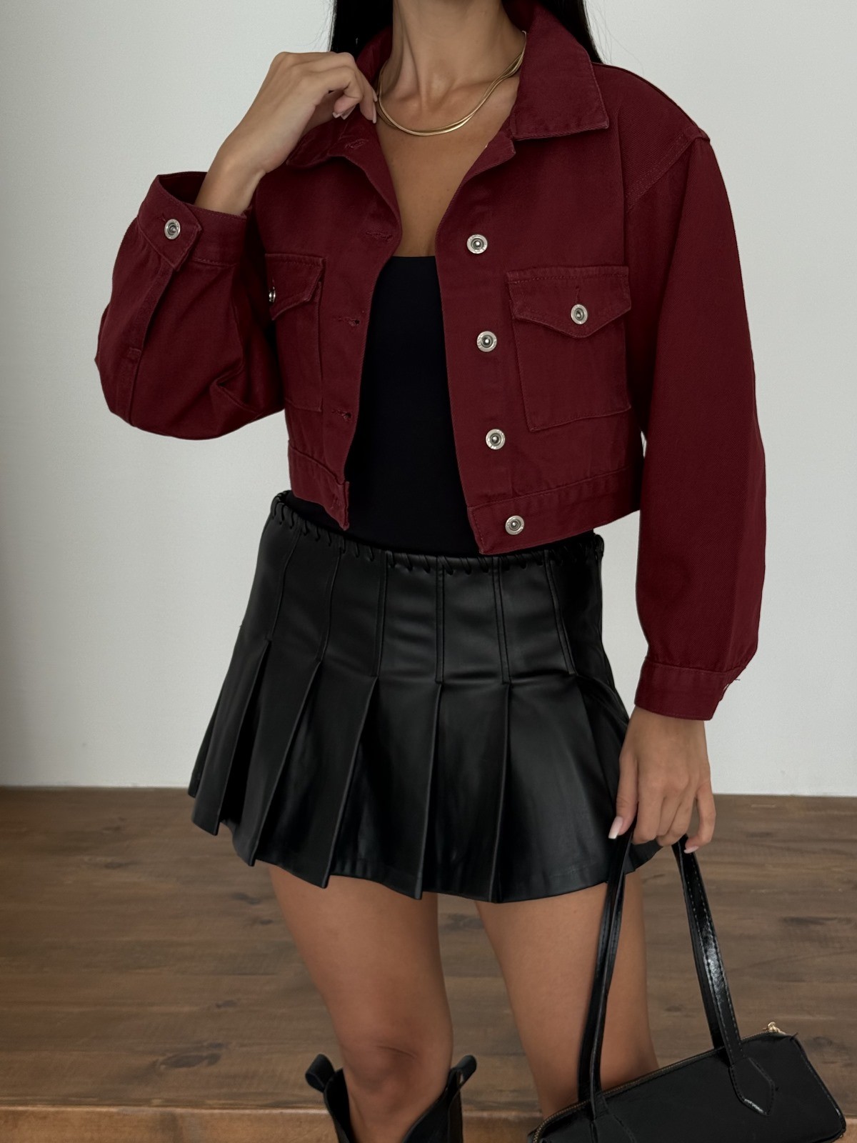 Çift Cep Denim Crop Ceket - BORDO