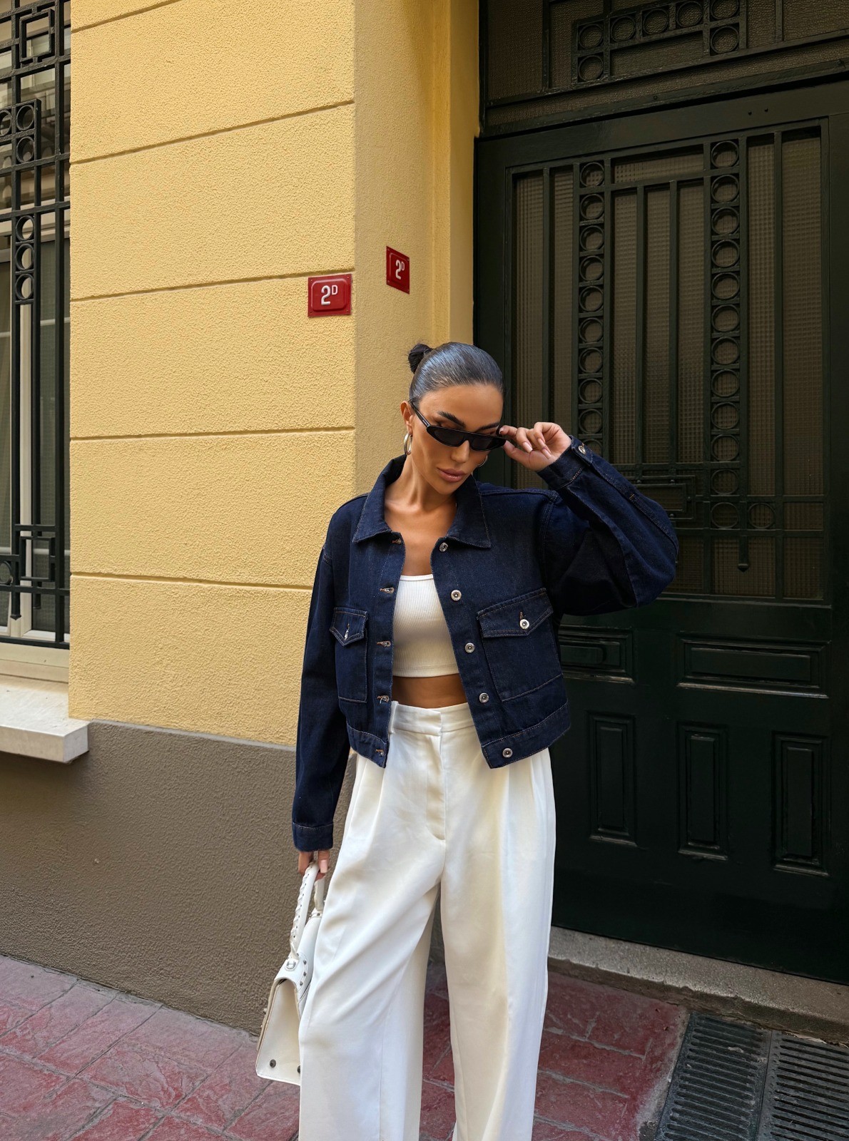 Çift Cep Denim Crop Ceket - LACİVERT